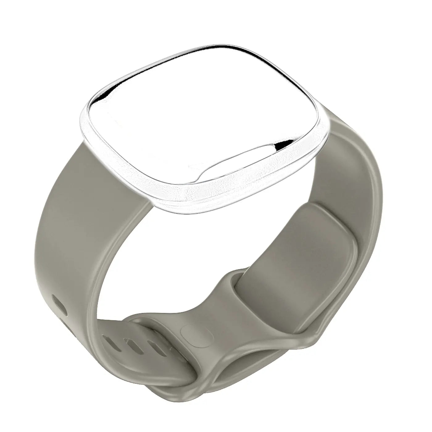 Schrägansicht eines grauen Silikonarmbands für Fitbit Versa 3 / Sense mit transparentem Gehäuse, weißer Hintergrund.