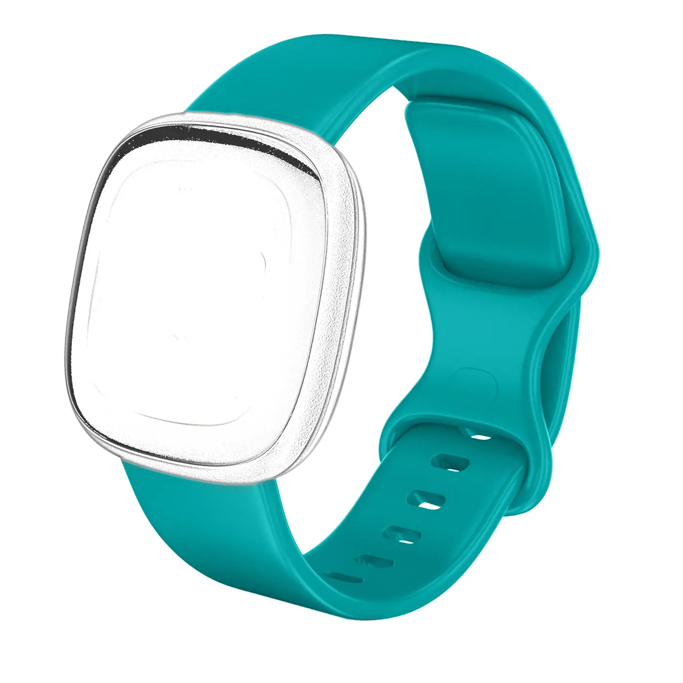 Türkises Silikonarmband für Fitbit Versa 3 / Sense mit silbernem Gehäuse, von schräg oben links.