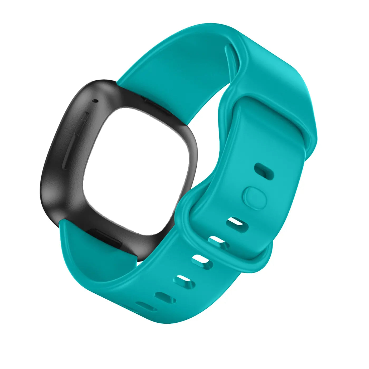 Türkises Silikonarmband für Fitbit Versa 3 / Sense mit schwarzer Halterung, schräg von oben.