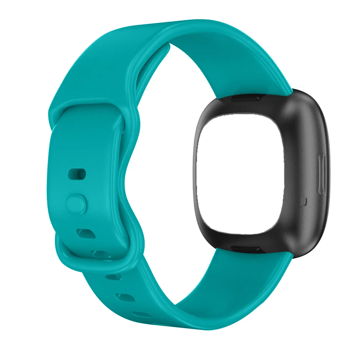 Türkises Silikonarmband für Fitbit Versa 3 / Sense, mit schwarzer Halterung, von oben links nach unten rechts.