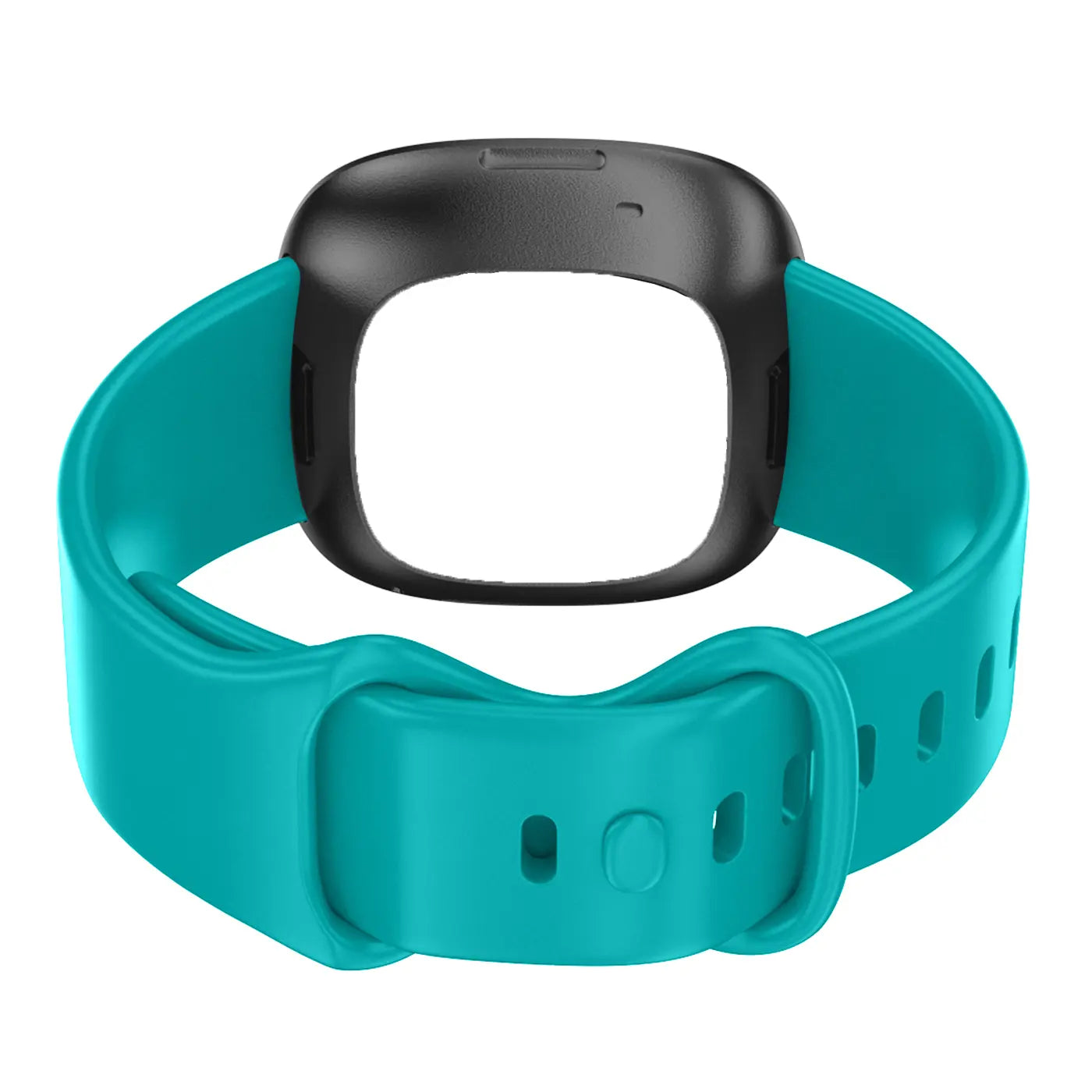 Türkises Silikonarmband für Fitbit Versa 3 / Sense mit schwarzer Halterung, von oben leicht schräg fotografiert.