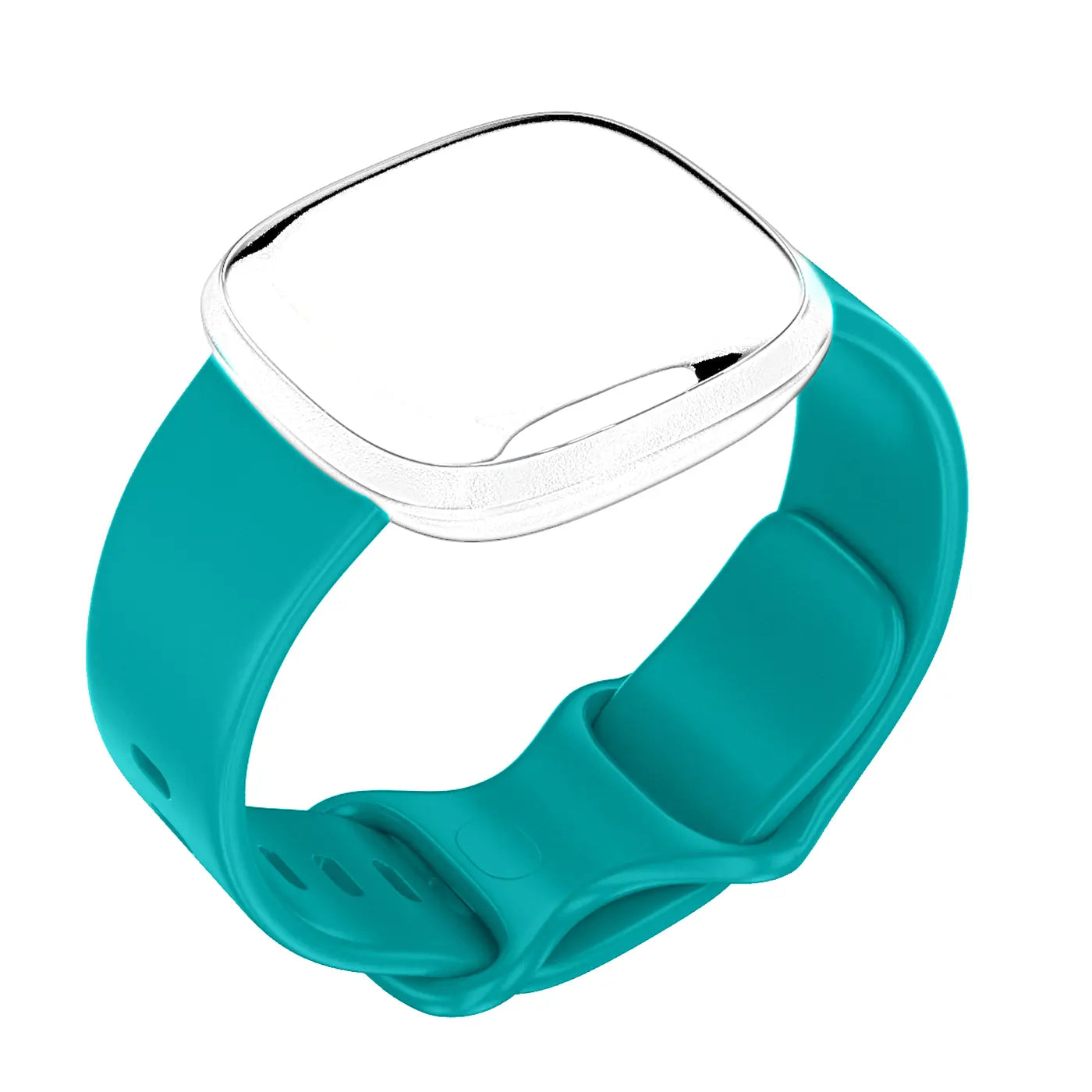 Türkises Silikonarmband für Fitbit Versa 3 / Sense, mit silbernem Gehäuse, von oben schräg fotografiert.