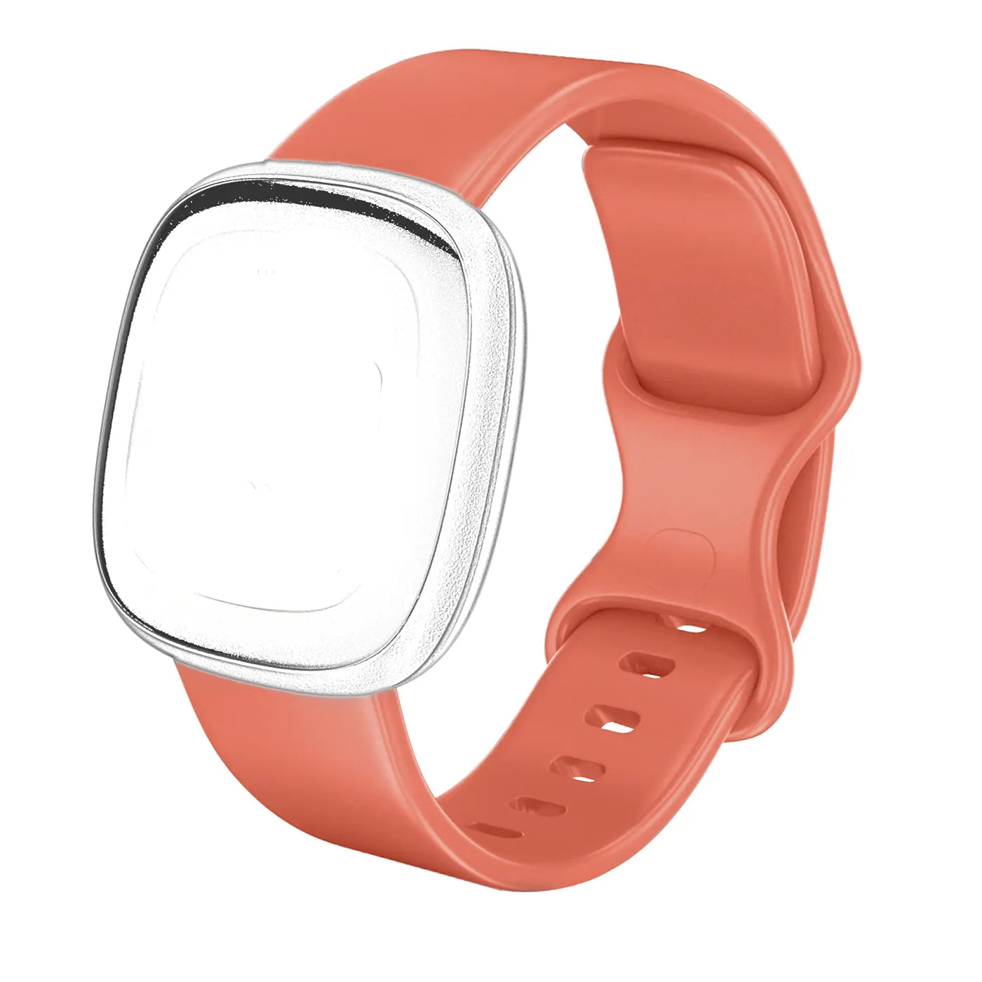 Korallfarbenes Silikonarmband für Fitbit Versa 3 / Sense mit silbernem Gehäuse, von schräg oben rechts.