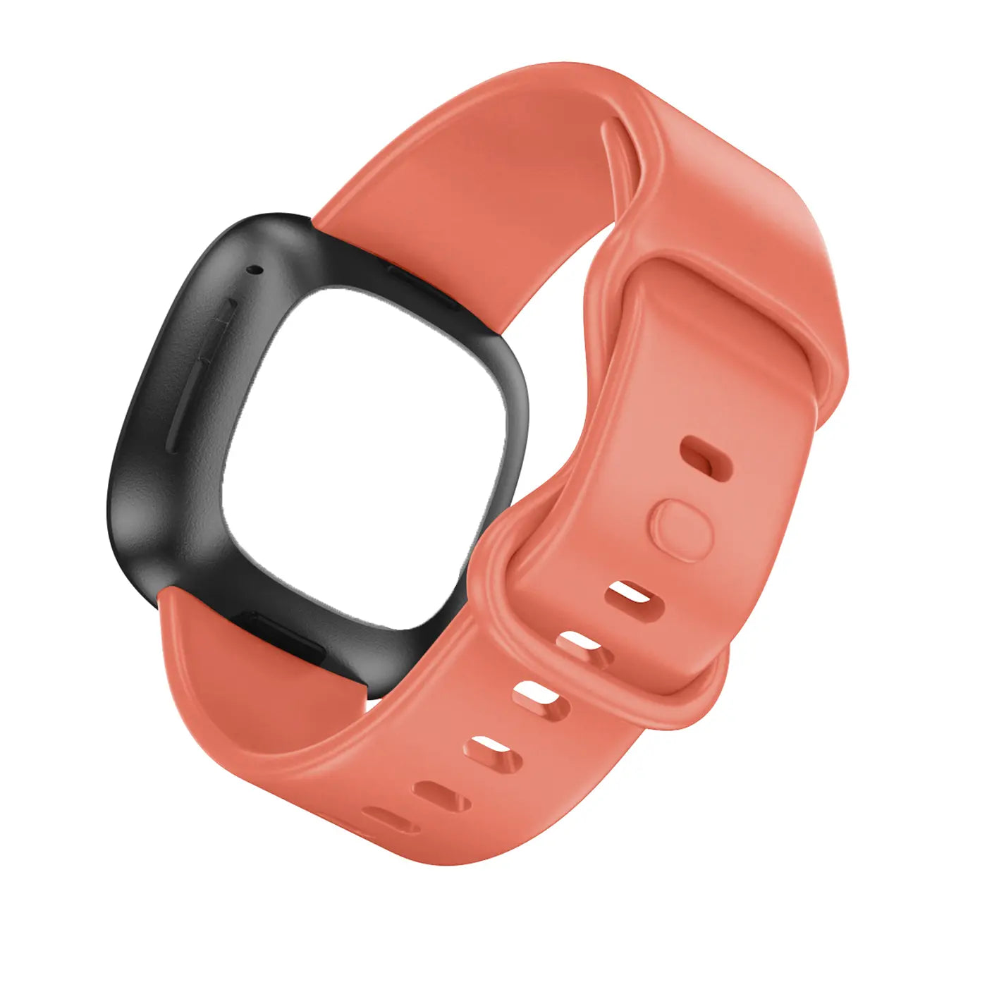 Korallenrotes Silikonarmband für Fitbit Versa 3 / Sense, mit schwarzem Rahmen, schräg von oben.