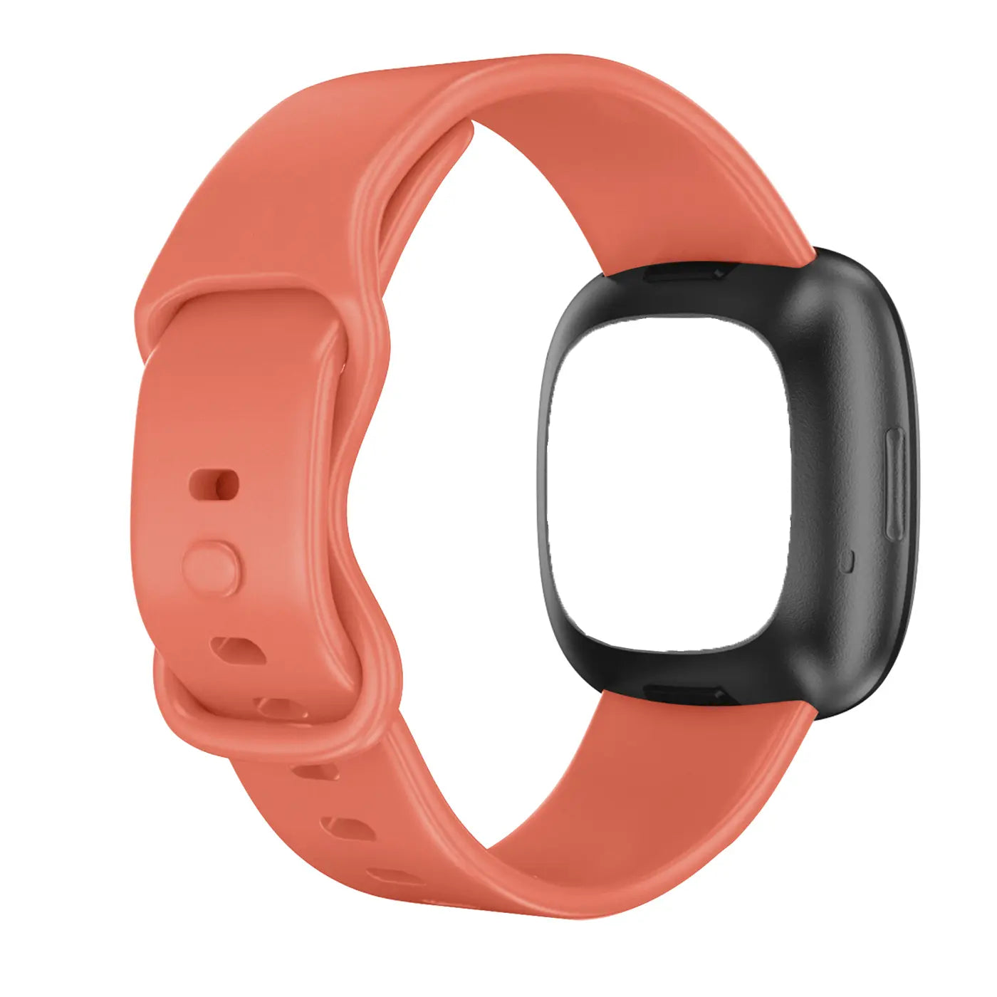 Korallenrotes Silikonarmband für Fitbit Versa 3 / Sense mit schwarzem Gehäuse, von oben links gesehen.