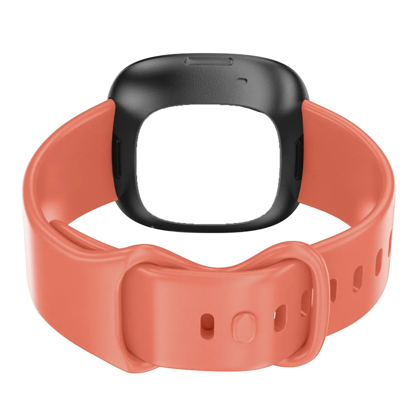 Fitbit Versa 3 / Sense Silikonarmband in Koralle, mit schwarzem Gehäuse, von oben schräg fotografiert.