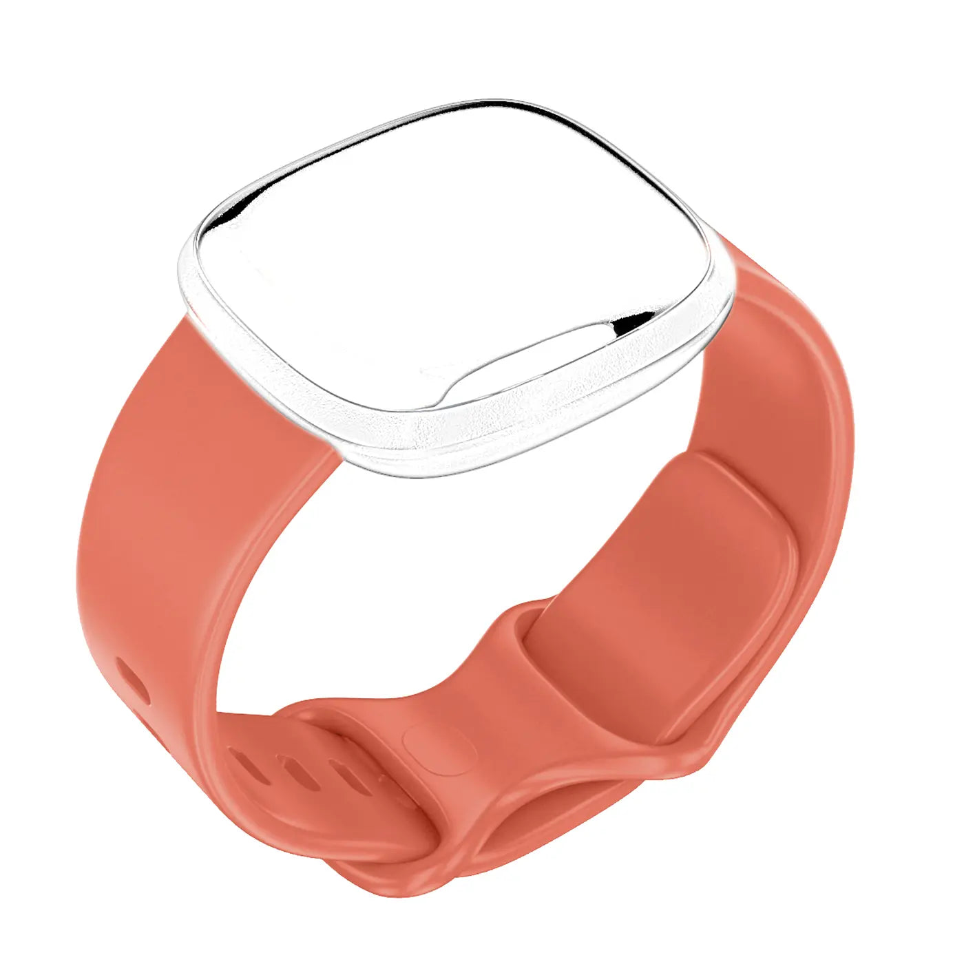 Korallenrotes Silikonarmband für Fitbit Versa 3 / Sense, mit transparentem Gehäuseschutz, schräg von oben.