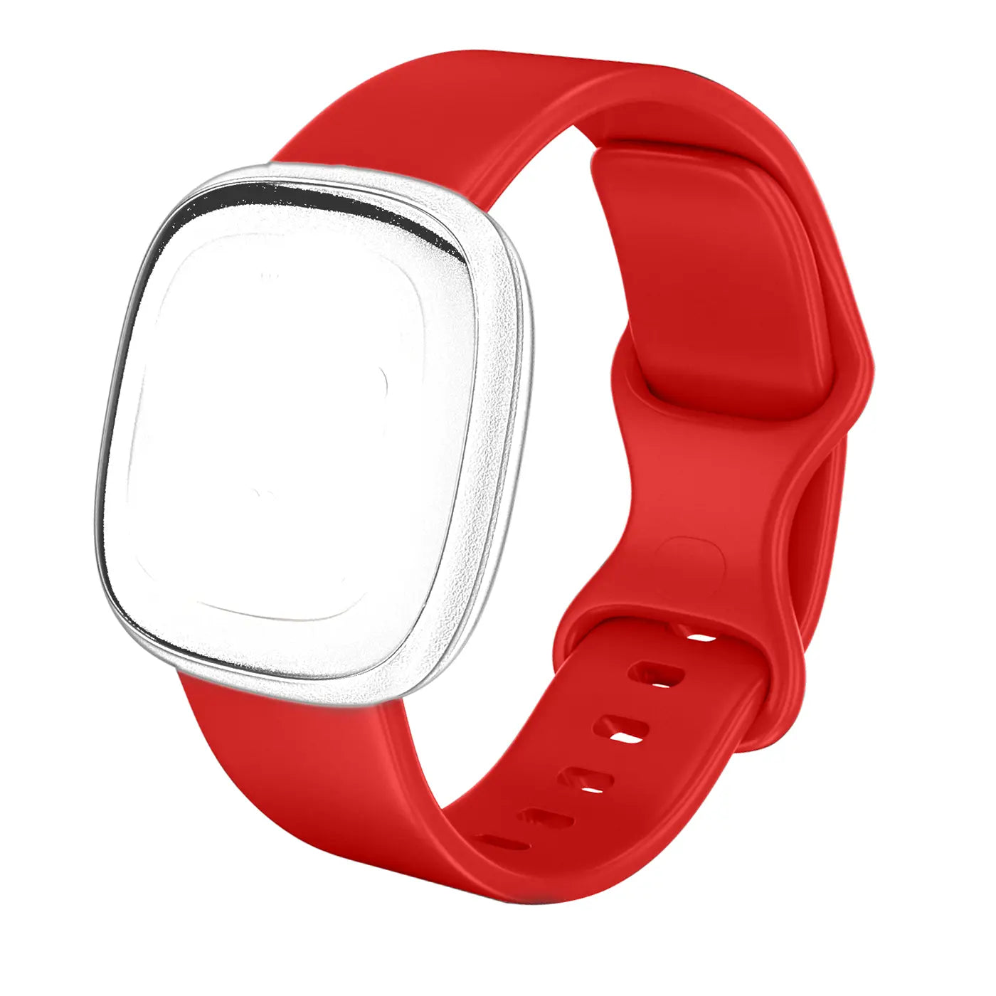 Rotes Silikonarmband für Fitbit Versa 3 / Sense mit transparenter Schutzhülle, schräg von oben.