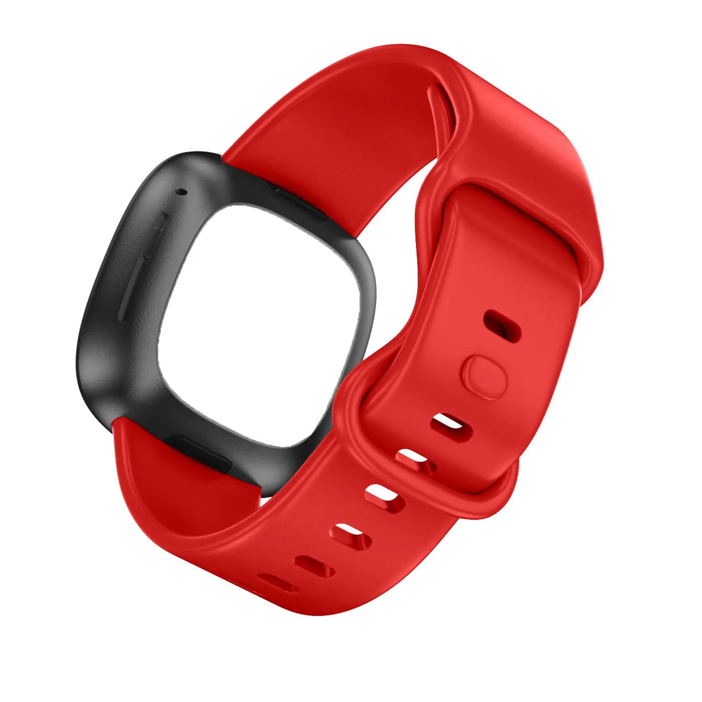 Rotes Silikonarmband für Fitbit Versa 3 / Sense, mit schwarzer Halterung, von oben links betrachtet.