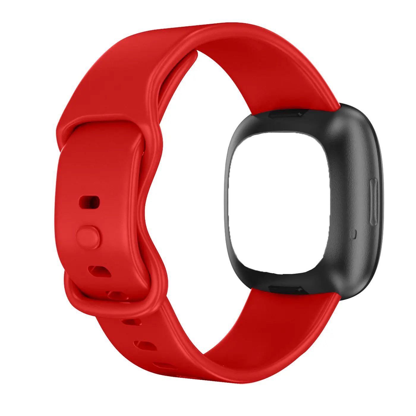 Rotes Silikonarmband für Fitbit Versa 3 / Sense, mit schwarzer Halterung, von oben leicht schräg fotografiert.