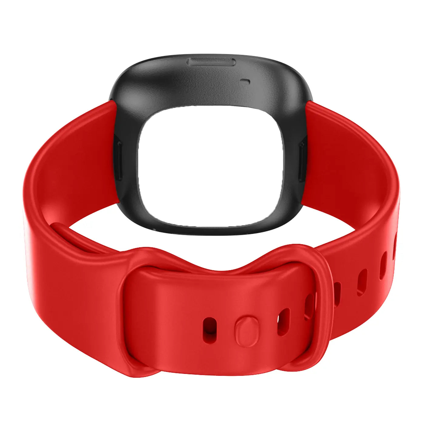 Rotes Silikonarmband für Fitbit Versa 3 / Sense mit schwarzem Gehäuse, von oben leicht schräg auf weißem Hintergrund.