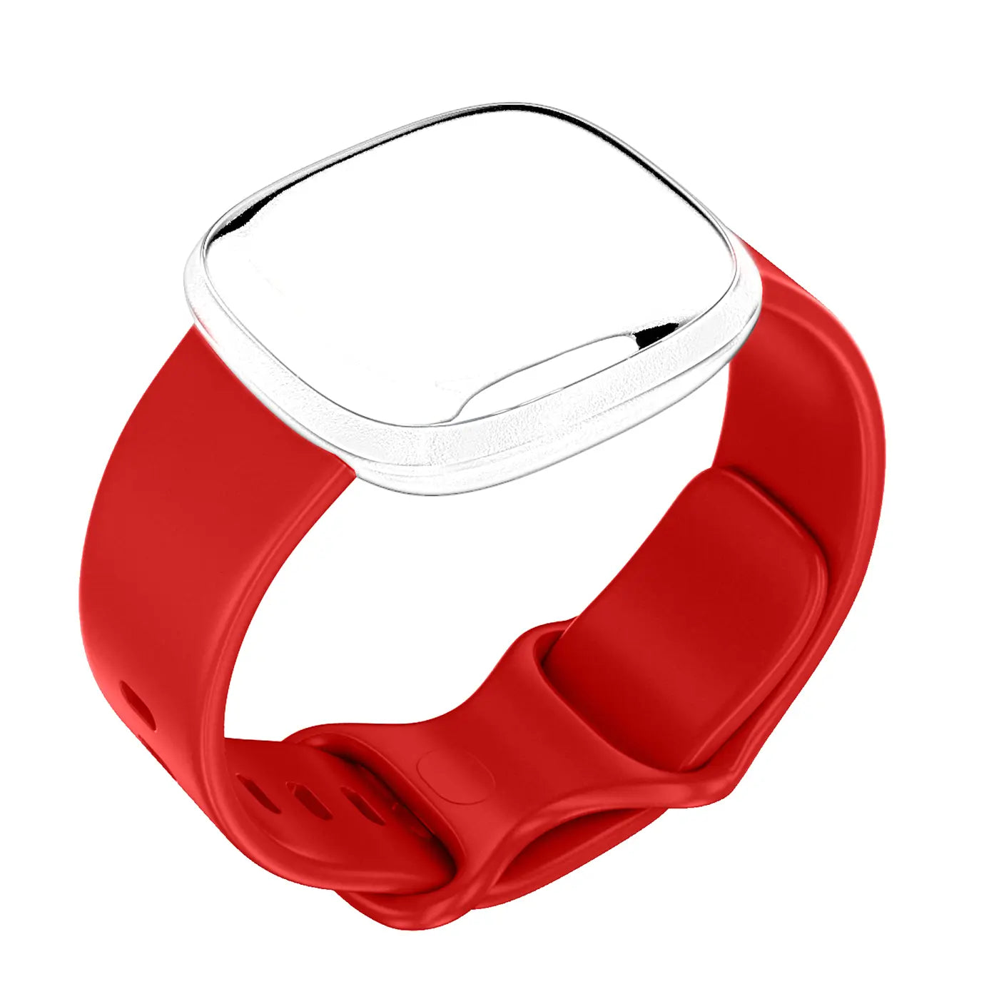 Rotes Silikonarmband für Fitbit Versa 3 / Sense mit silbernem Gehäuse, von oben links betrachtet.
