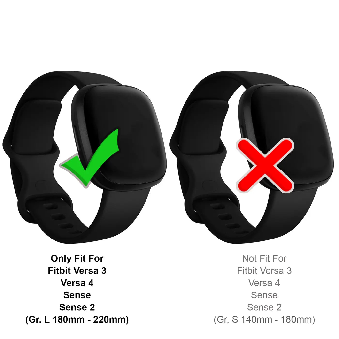 Zwei schwarze Silikonarmbänder für Fitbit Versa/Sense von oben. Links mit grünem Haken, rechts mit rotem X.