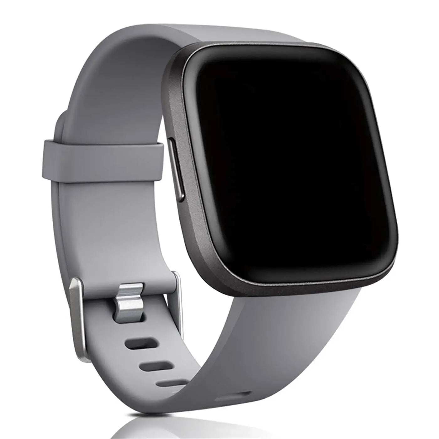 Graues Silikonarmband für Fitbit Versa/Lite Smartwatch, schräg von vorne, mit silberner Schnalle und Löchern.