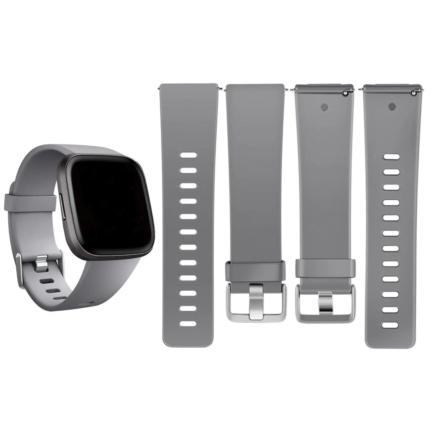 Graues Silikonarmband für Fitbit Versa/Lite. Links an Smartwatch, rechts 4 Einzelteile, Draufsicht.