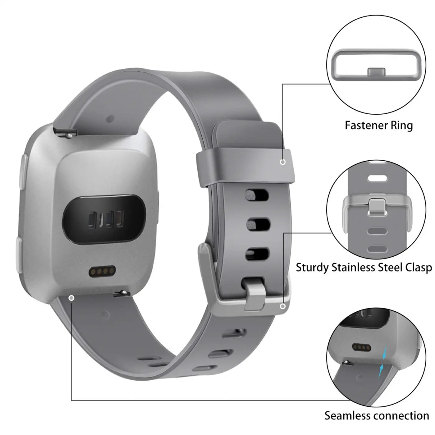 Graues Silikonarmband für Fitbit Versa/Lite, von hinten links oben, mit Details zu Verschluss und Verbindung.