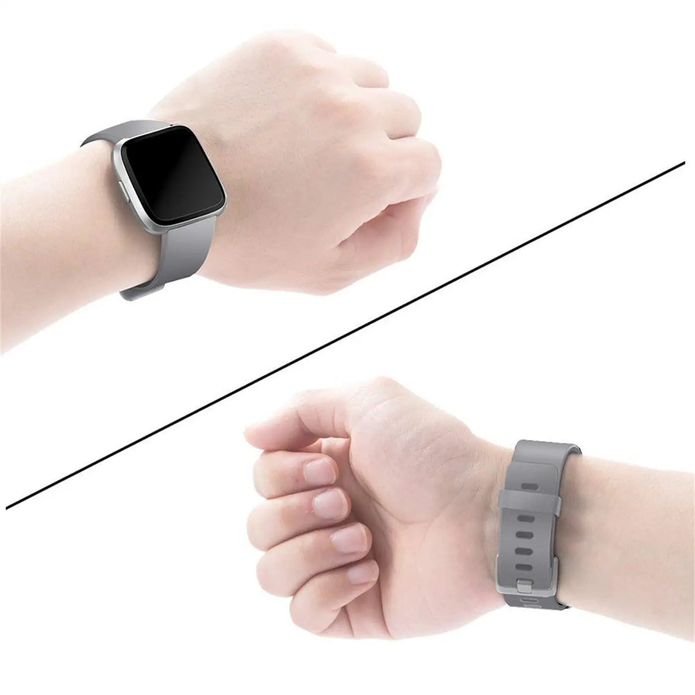 Zwei Ansichten einer Fitbit Versa/Lite mit grauem Silikonarmband an einem Handgelenk, Vorder- und Rückseite des Verschlusses.