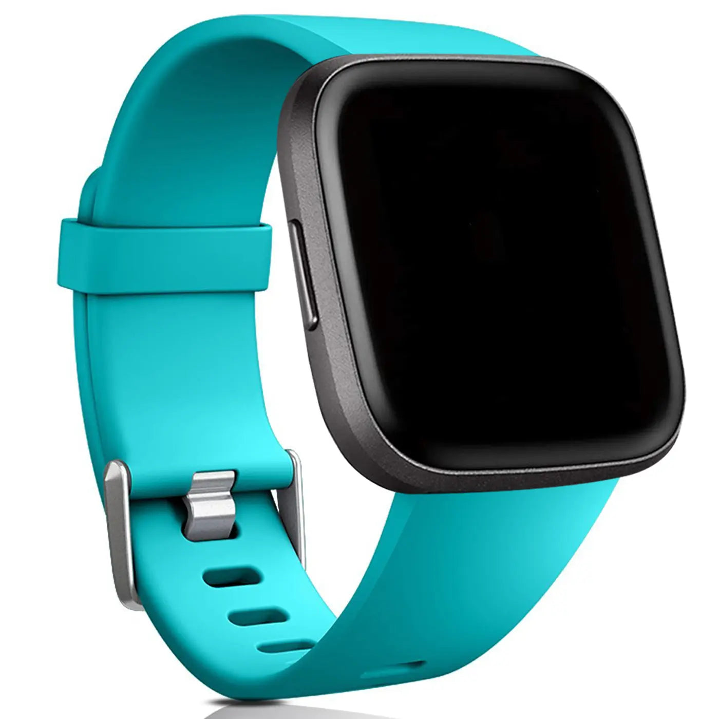 Türkisfarbenes Silikonarmband mit silberner Dornschließe für Fitbit Versa/Lite Smartwatch, schräg von vorne.