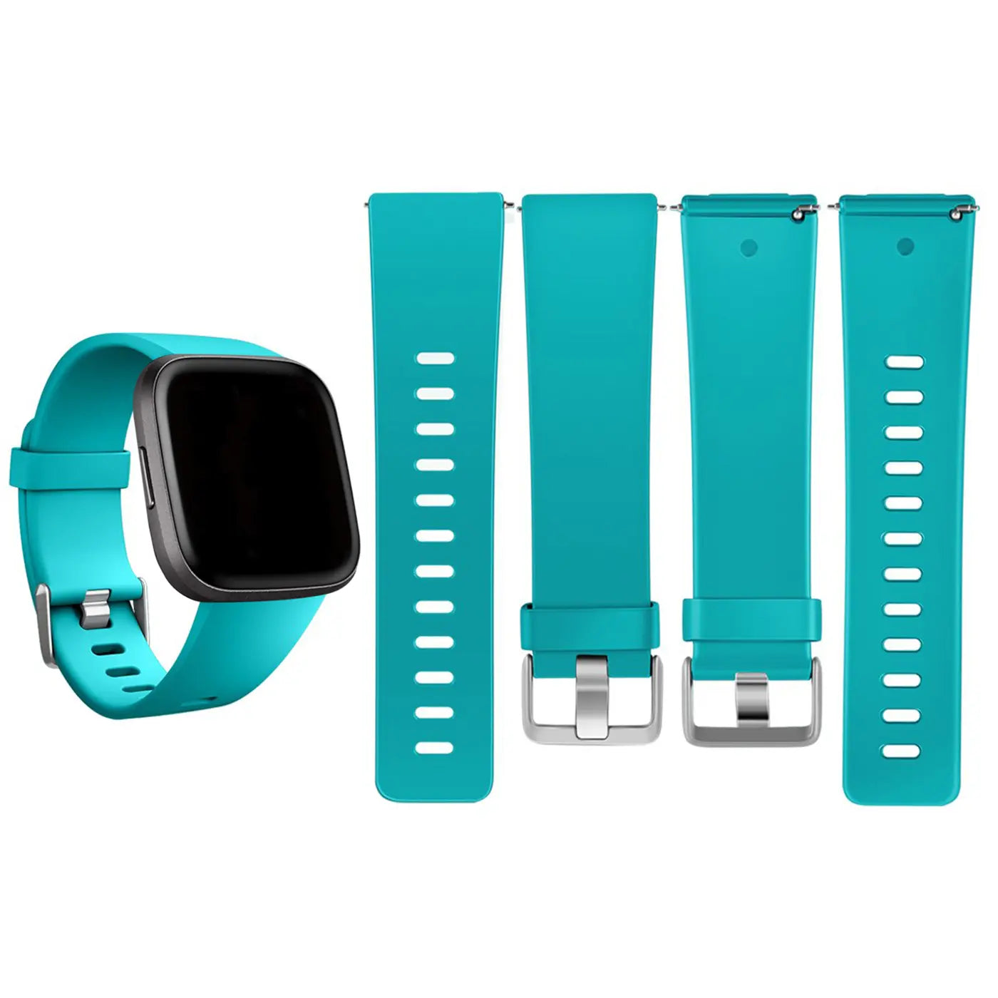 Türkises Silikonarmband für Fitbit Versa/Lite. Links an Uhr montiert, rechts 4 Einzelteile von oben.