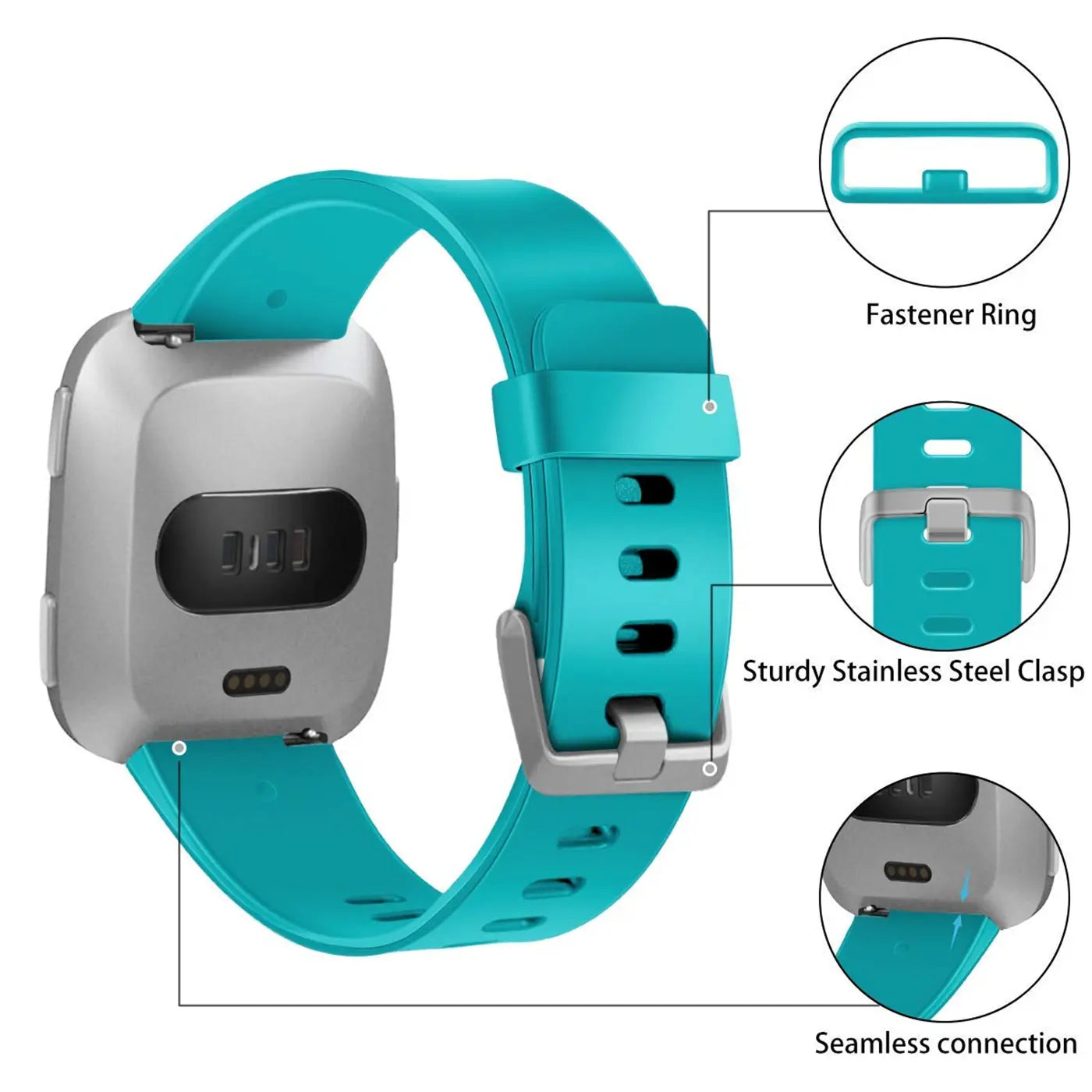 Türkises Silikonarmband für Fitbit Versa/Lite, von hinten links oben gesehen, mit silberner Edelstahlschließe.