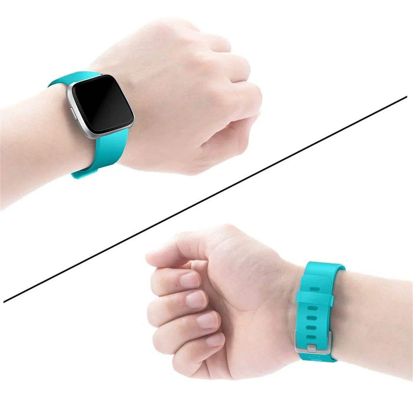 Zwei Ansichten eines Fitbit Versa/Lite mit türkisfarbenem Silikonarmband am Handgelenk. Oben: Vorderseite, unten: Verschluss.