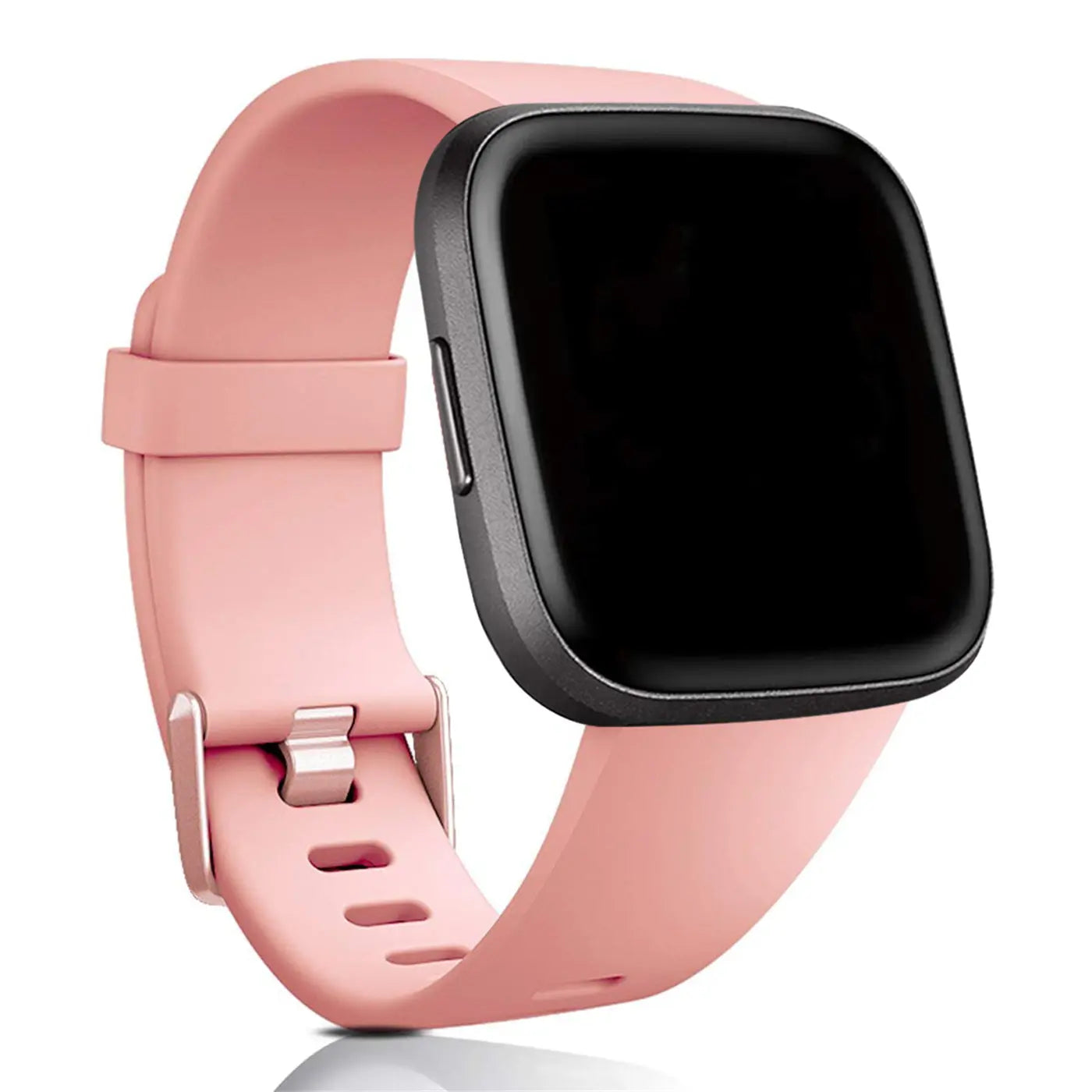 Fitbit Versa/Lite mit rosafarbenem Silikonarmband und silberner Dornschließe, schräg von vorne.