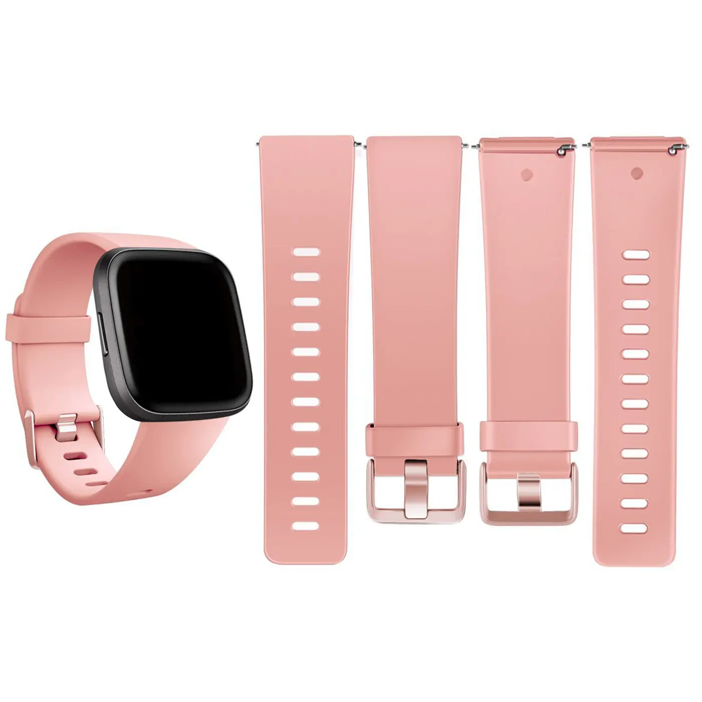 Fitbit Versa/Lite mit rosa Silikonarmband (links), daneben 4 einzelne rosa Silikonarmbandteile von oben.