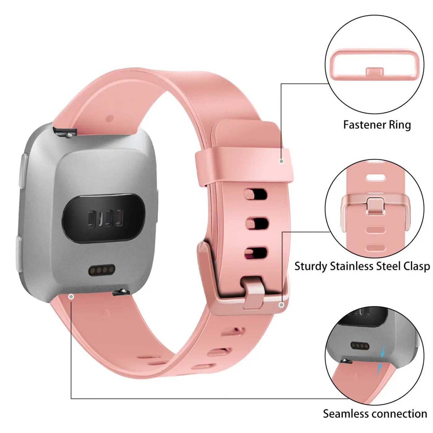 Fitbit Versa/Lite mit rosafarbenem Silikonarmband und silbernem Verschluss, Rückansicht mit Details.