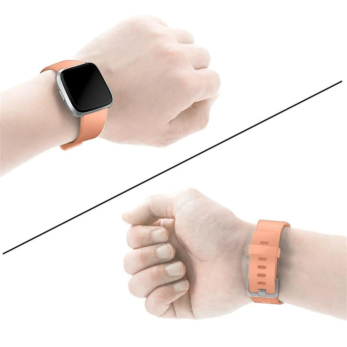 Zwei Ansichten eines lachsfarbenen Silikonarmbands für Fitbit Versa/Lite an einem Handgelenk. Oben: Vorderseite der Uhr.