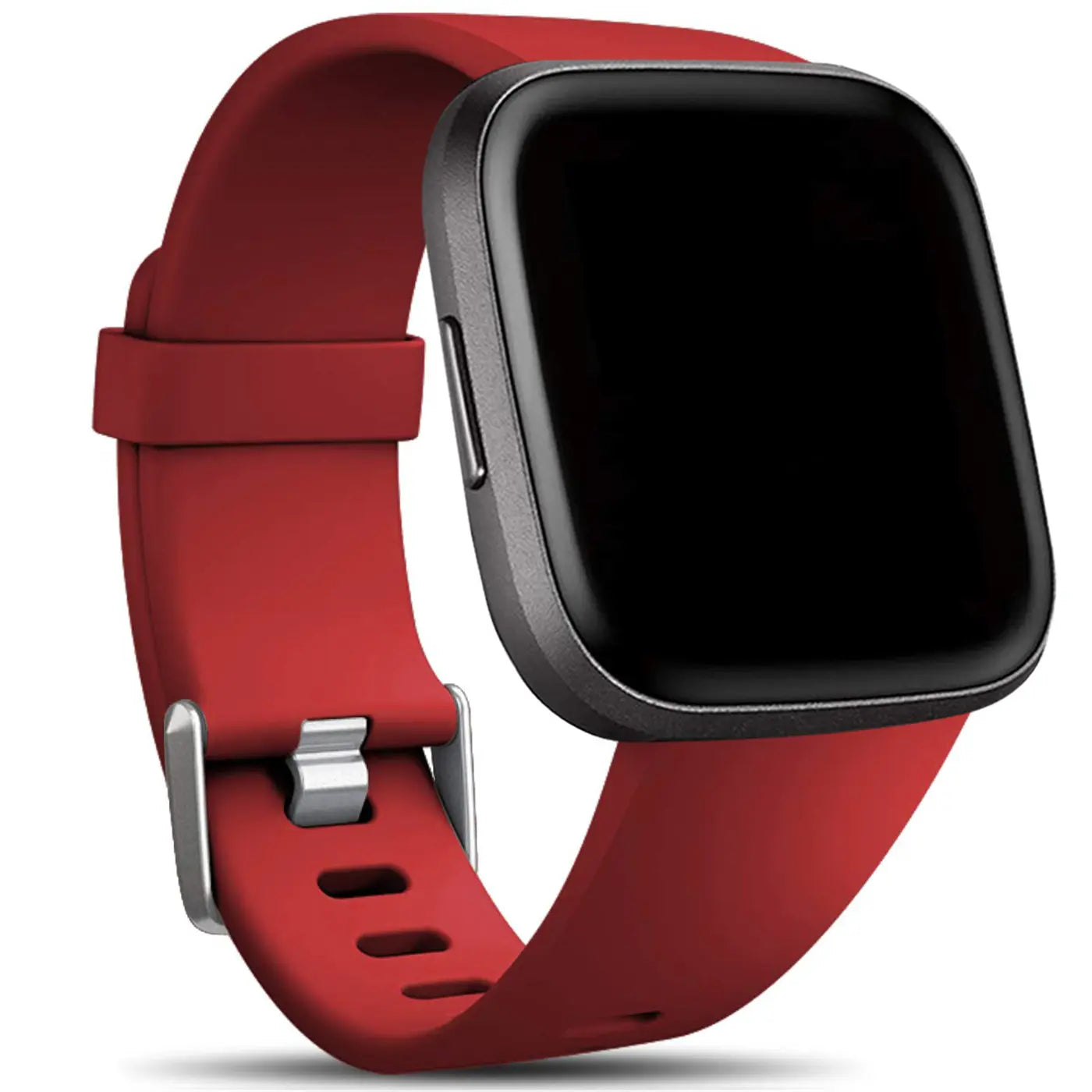 Rote Silikonarmband für Fitbit Versa/Lite mit silberner Schnalle, leicht schräg von oben rechts fotografiert.