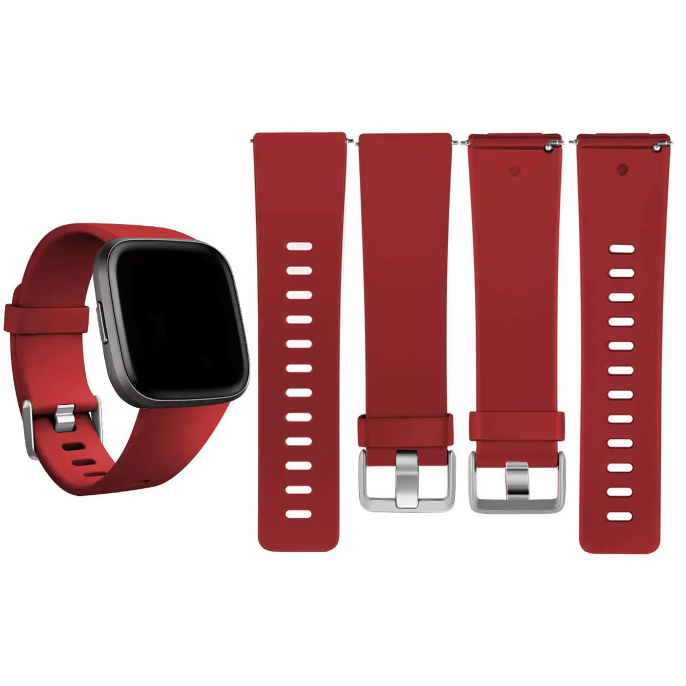 Rotes Silikonarmband für Fitbit Versa/Lite. Links eine Smartwatch mit montiertem Band, rechts 4 Einzelteile des Bandes.