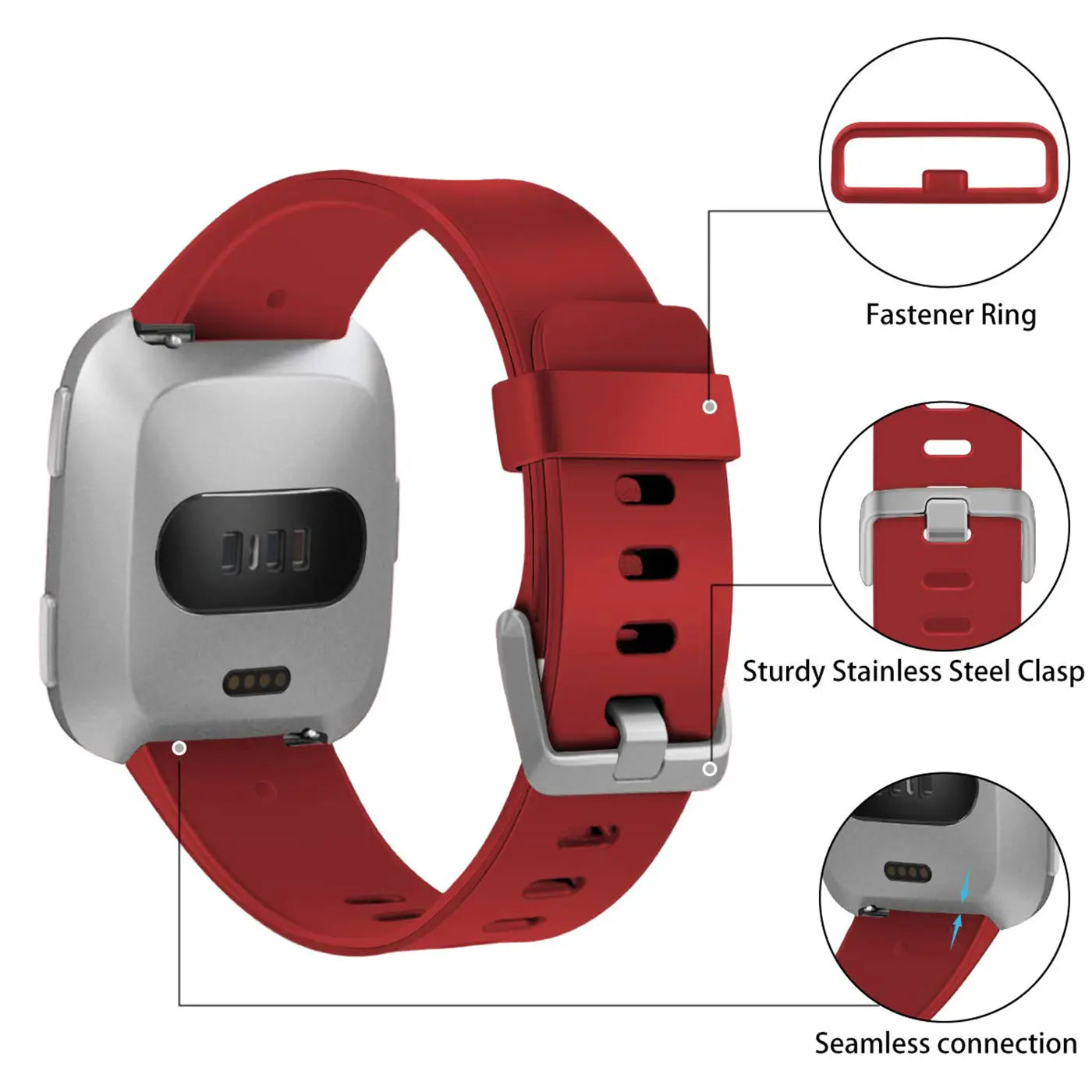 Rotes Silikonarmband für Fitbit Versa/Lite mit silberner Edelstahlschließe, Rückansicht der Smartwatch.