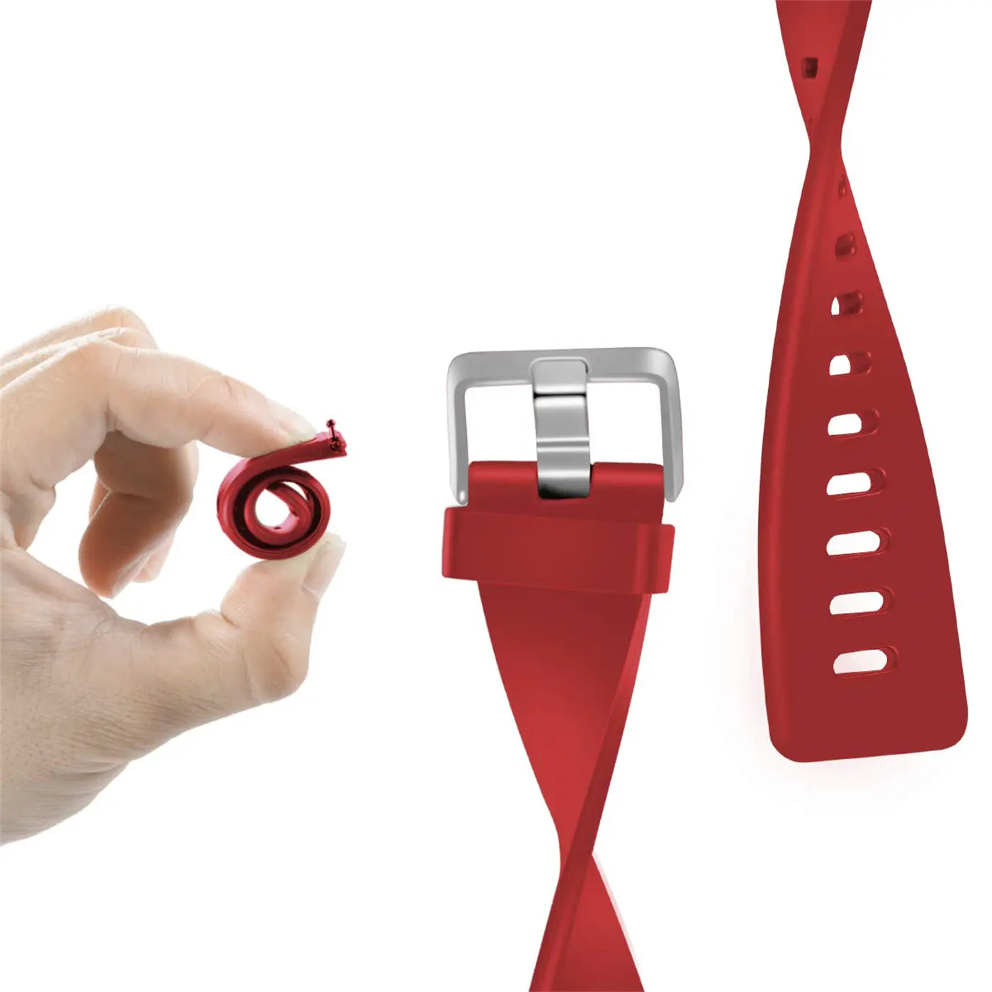 Rotes Silikonarmband für Fitbit Versa/Lite. Eine Hand hält ein gerolltes Band, daneben die Schließe und das gelochte Band.