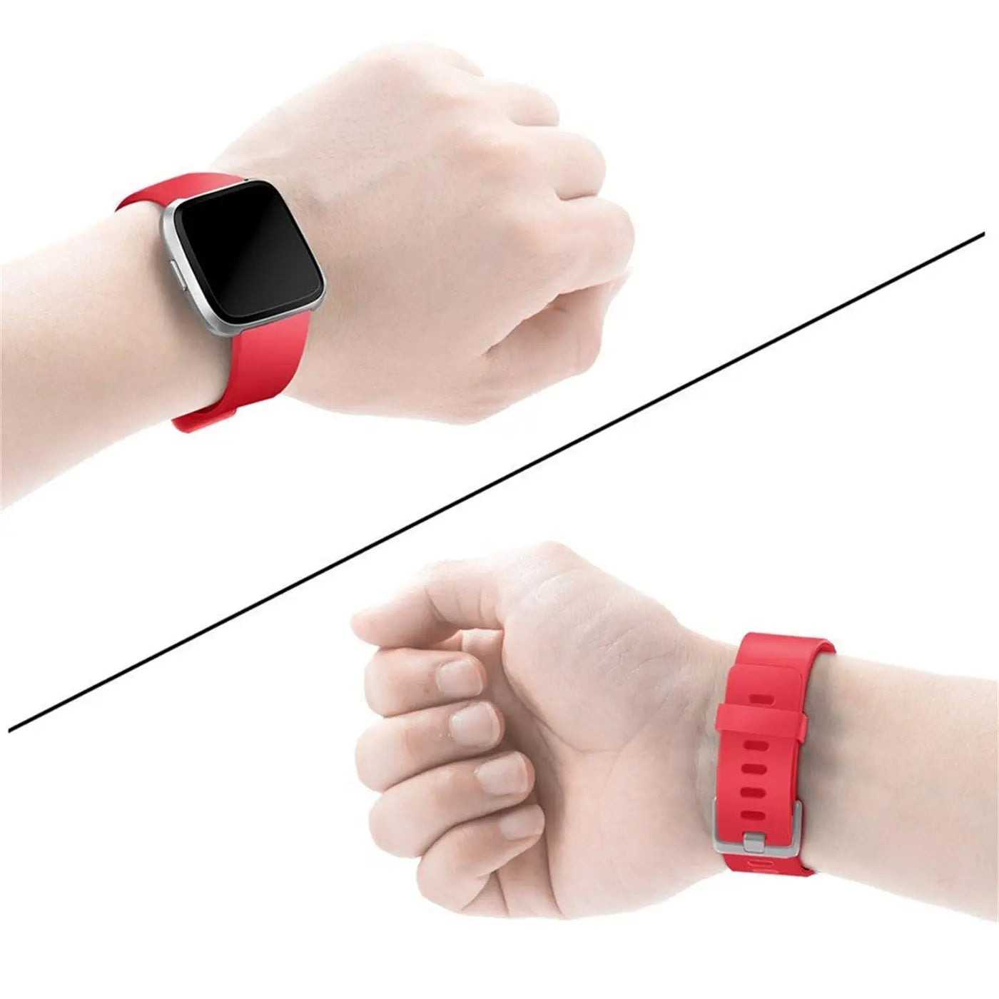 Zwei Ansichten eines roten Silikonarmbands für Fitbit Versa/Lite an einem Handgelenk. Oben: Vorderseite, unten: Verschluss.