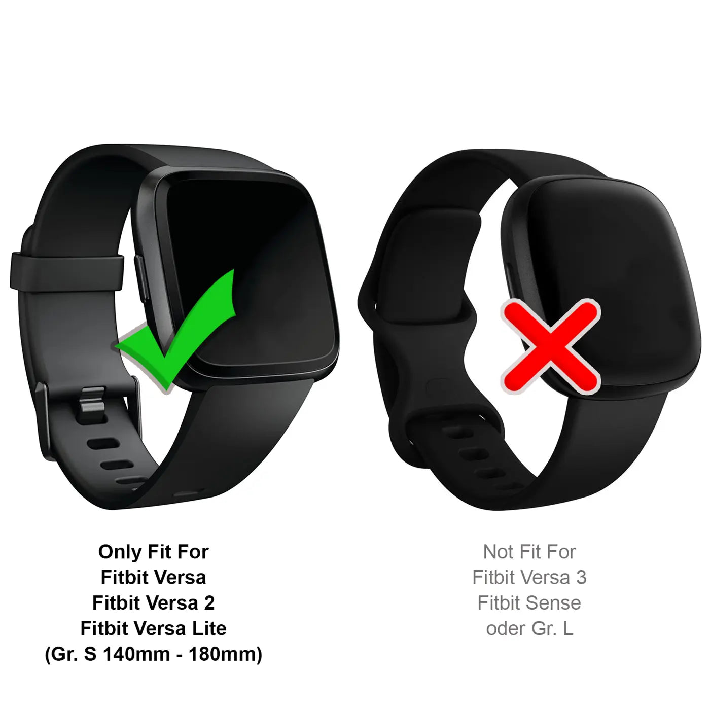 Zwei schwarze Silikon-Smartwatches, links mit grünem Haken (Fitbit Versa/Lite), rechts mit rotem X (Fitbit Versa 3/Sense).