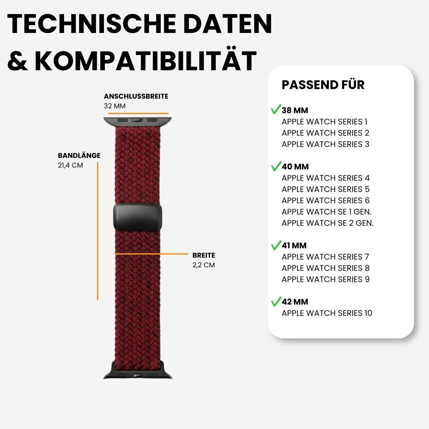 Rotes Nylon Loop Armband für Apple Watch, von vorne, mit Maßen.