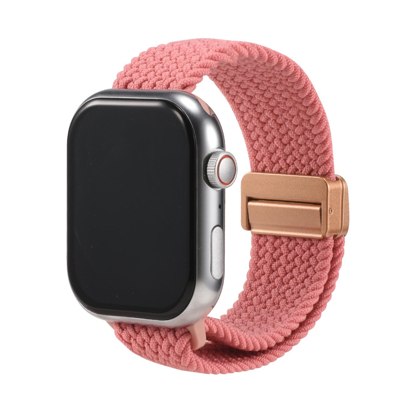 Rosa Nylon Loop Armband mit roségoldener Schnalle an silberner Apple Watch, Seitenansicht.