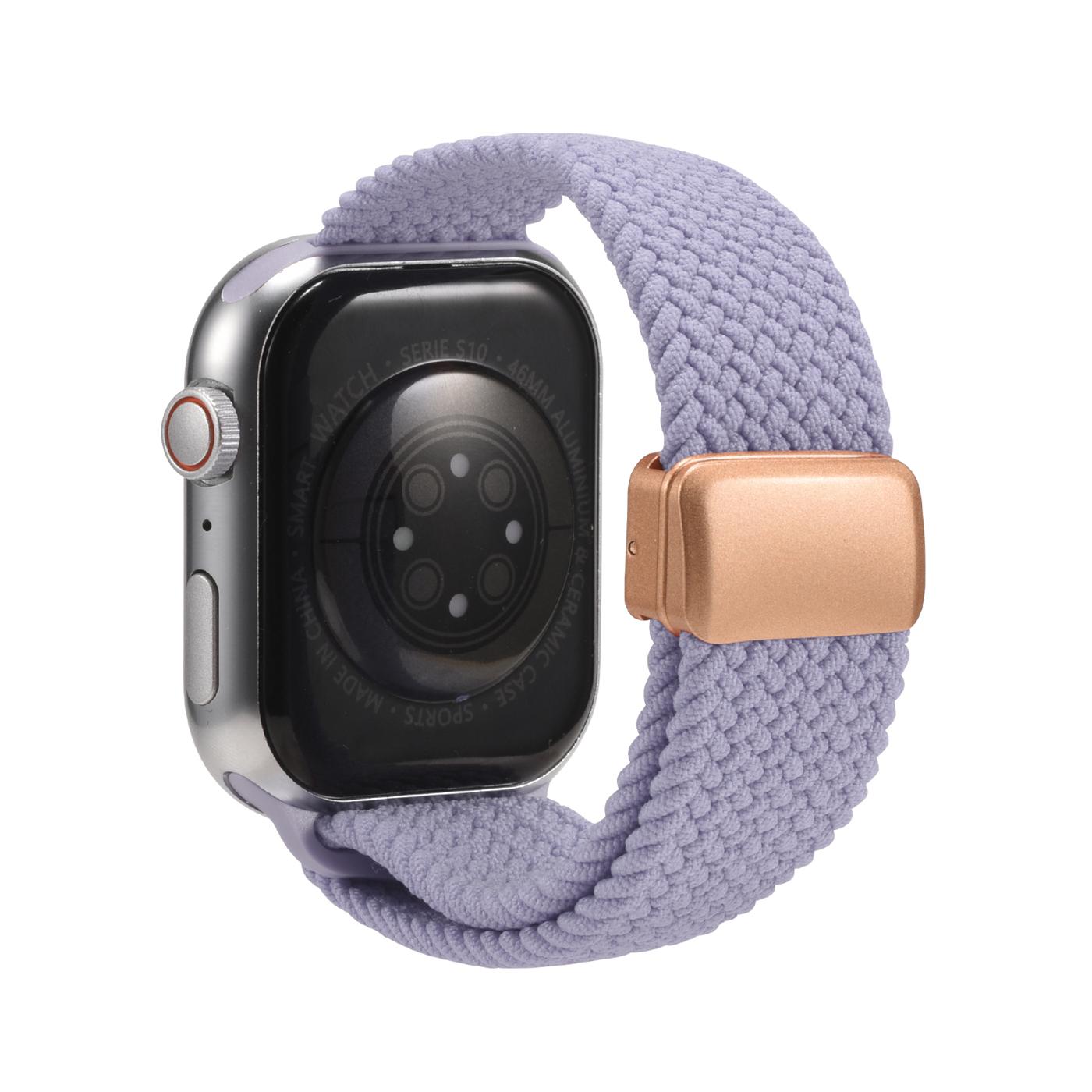 Lila Nylon Loop Armband mit roségoldener Schnalle an silberner Apple Watch, von hinten gesehen.