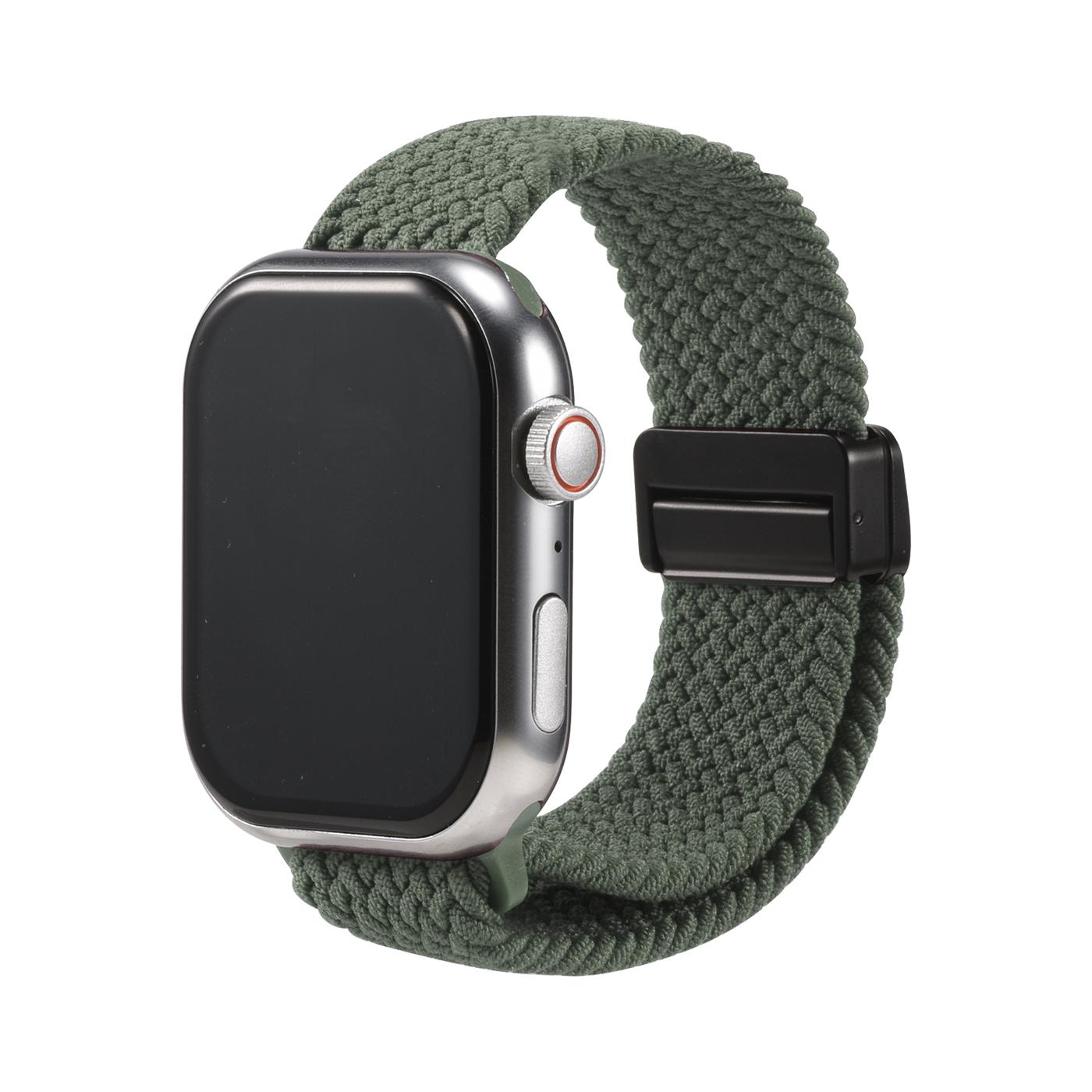 Grünes Nylon-Loop-Armband an silberner Apple Watch, Seitenansicht.
