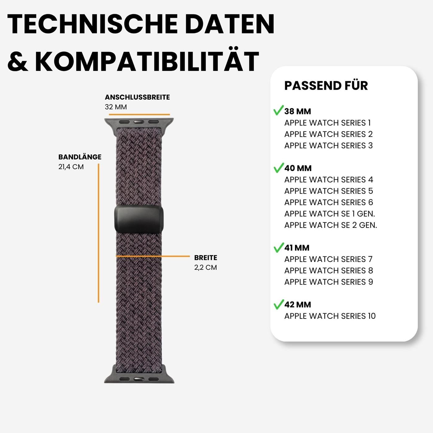 Dunkelgraues Nylon-Loop-Armband für Apple Watch, von vorne, mit Maßen.