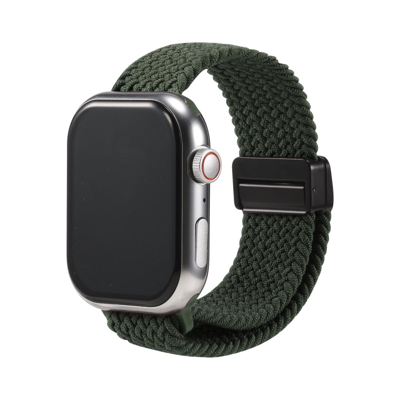 Dunkelgrünes Nylon-Loop-Armband an silberner Apple Watch, Seitenansicht.