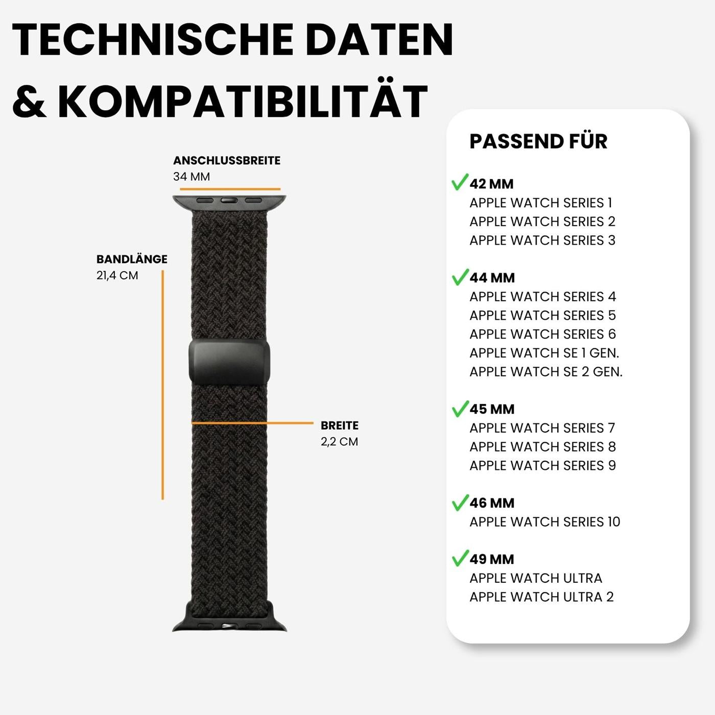Schwarzes Nylon Loop Armband für Apple Watch, Frontansicht, mit Maßen.