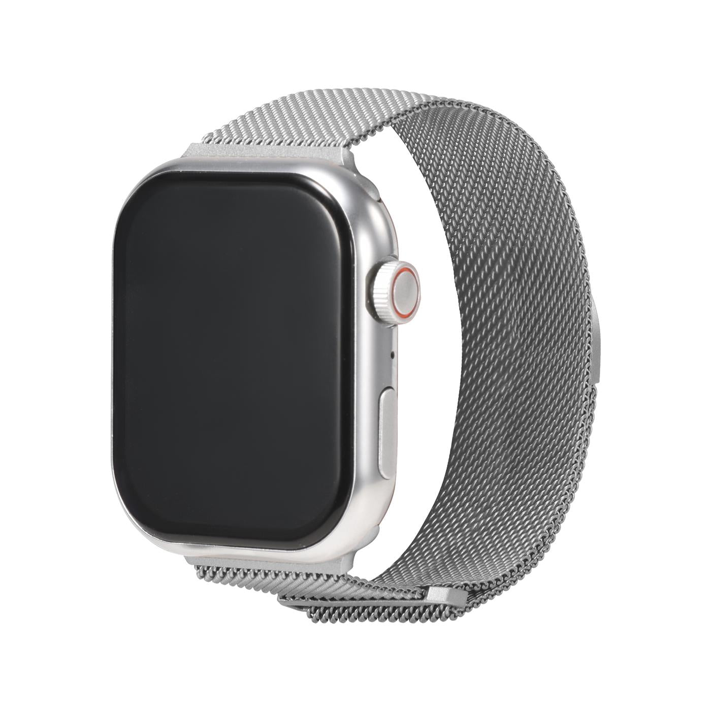Silbernes Milanese Edelstahl-Armband an silberner Apple Watch, Seitenansicht.