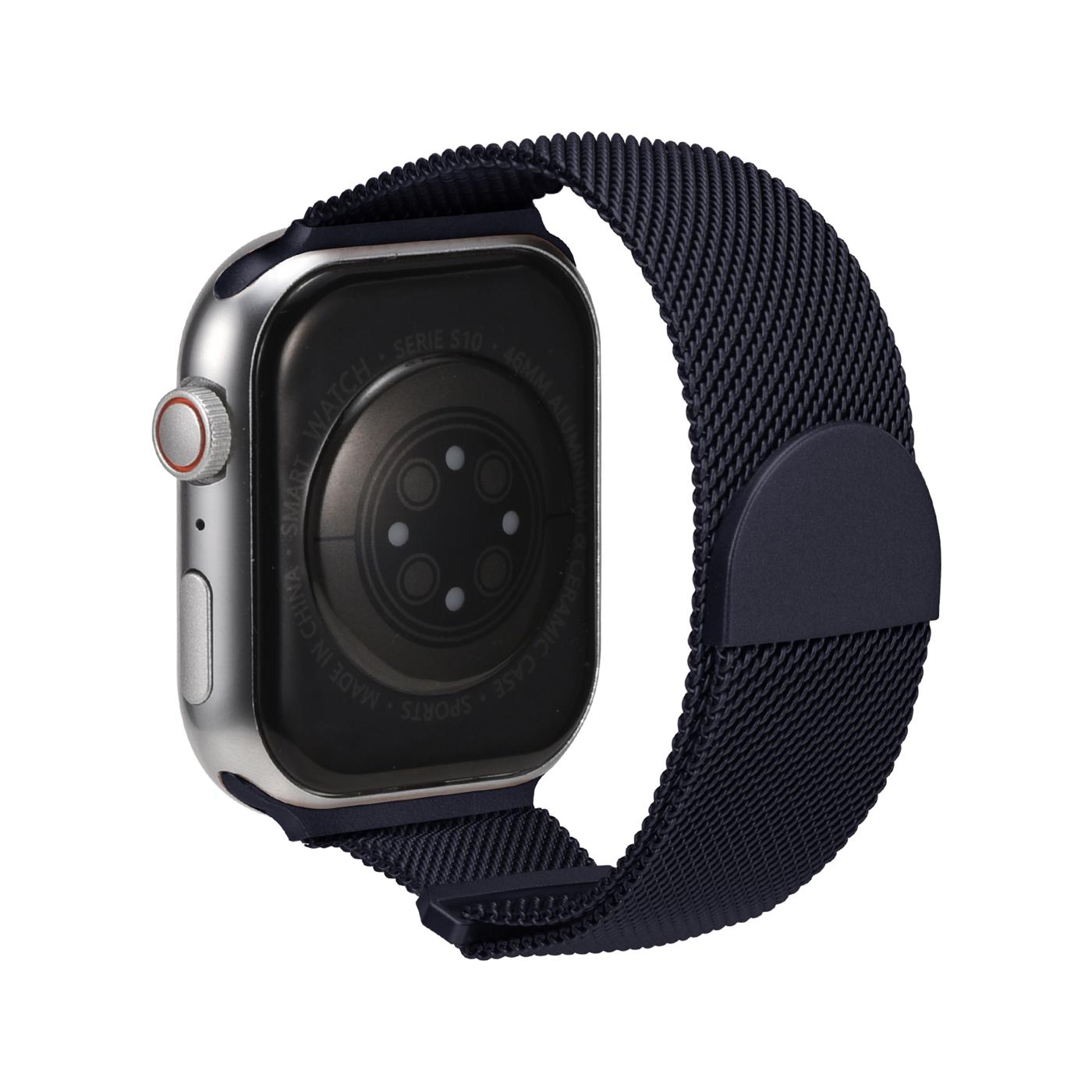Dunkelblaues Milanese Edelstahlarmband an Apple Watch, Rückseite sichtbar, von schräg oben