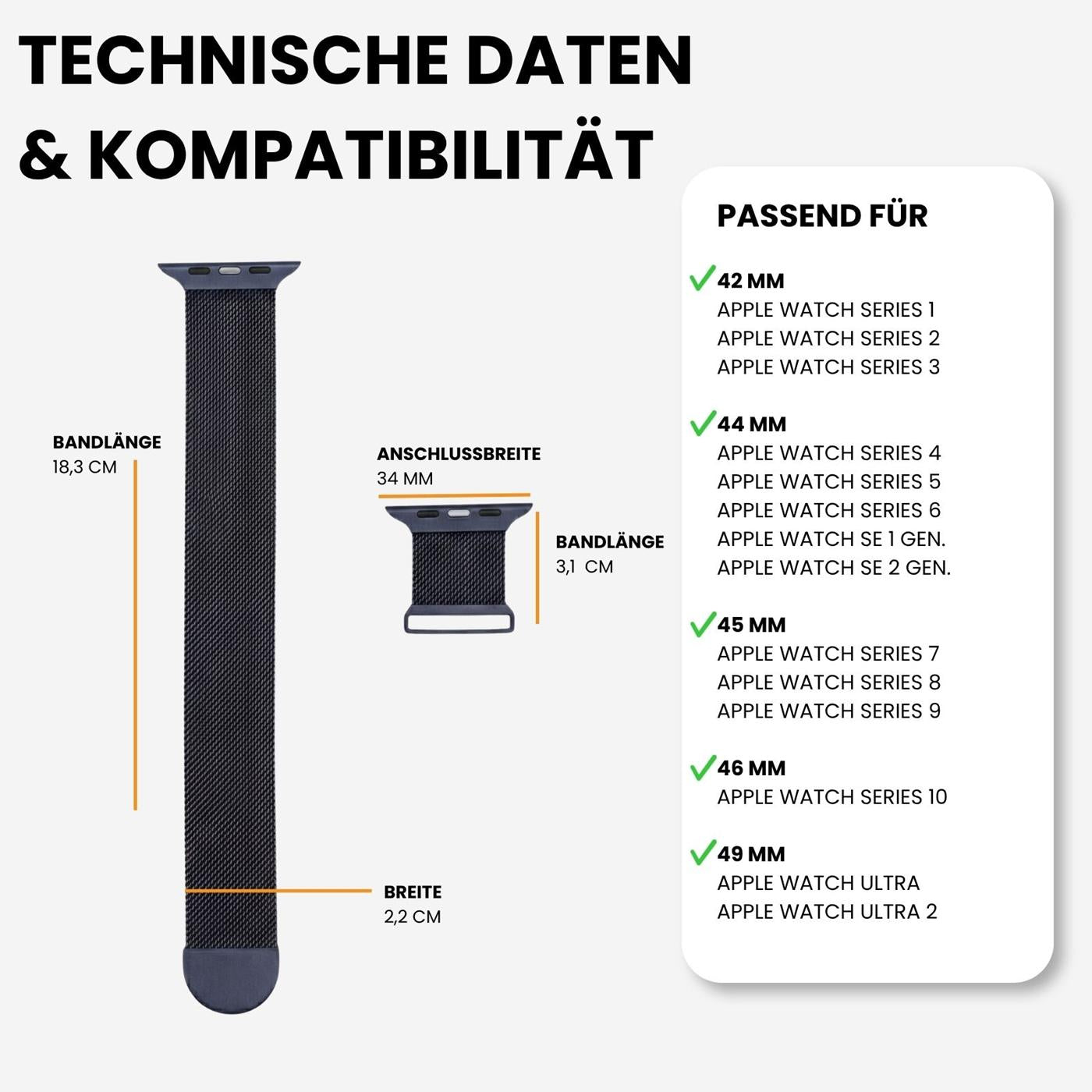 Dunkles Edelstahl-Milanese-Armband für Apple Watch, Seitenansicht. Technische Daten & Kompatibilität.