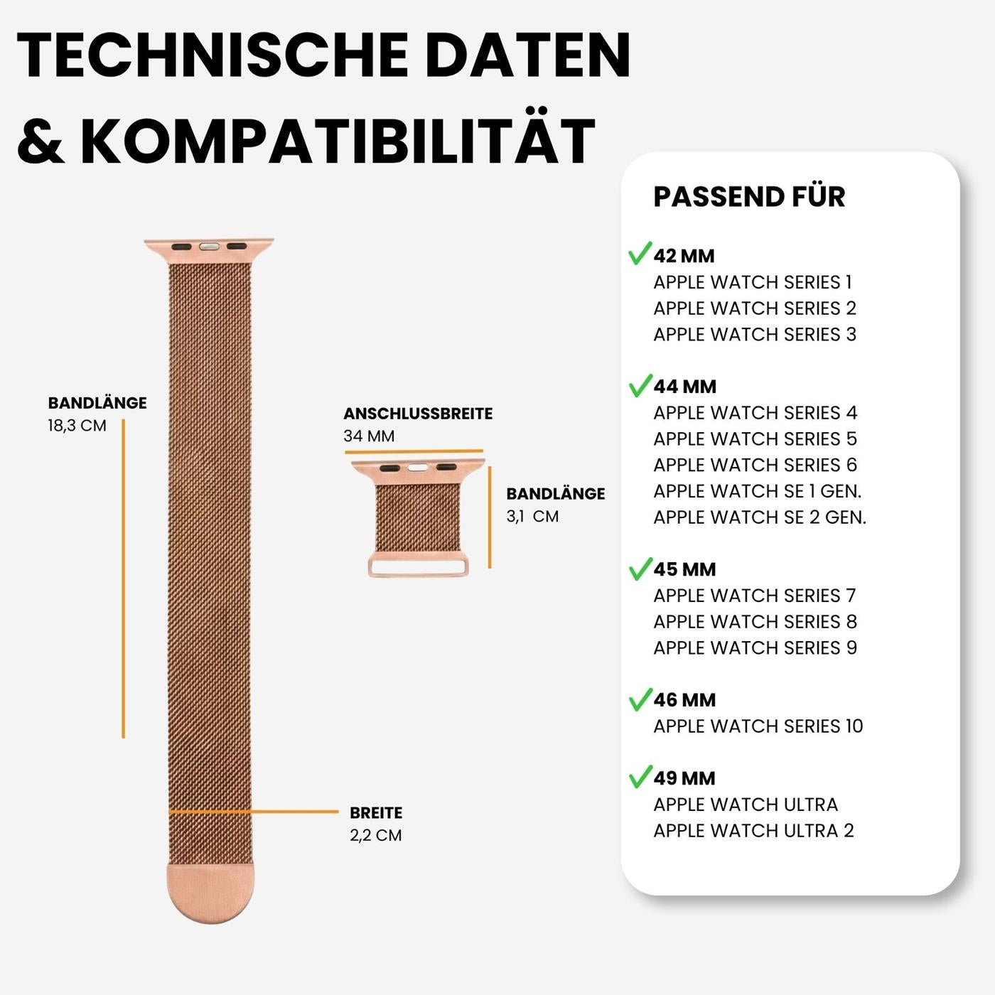 Rosafarbenes Milanese-Armband aus Edelstahl für Apple Watch, Seitenansicht mit Maßen.