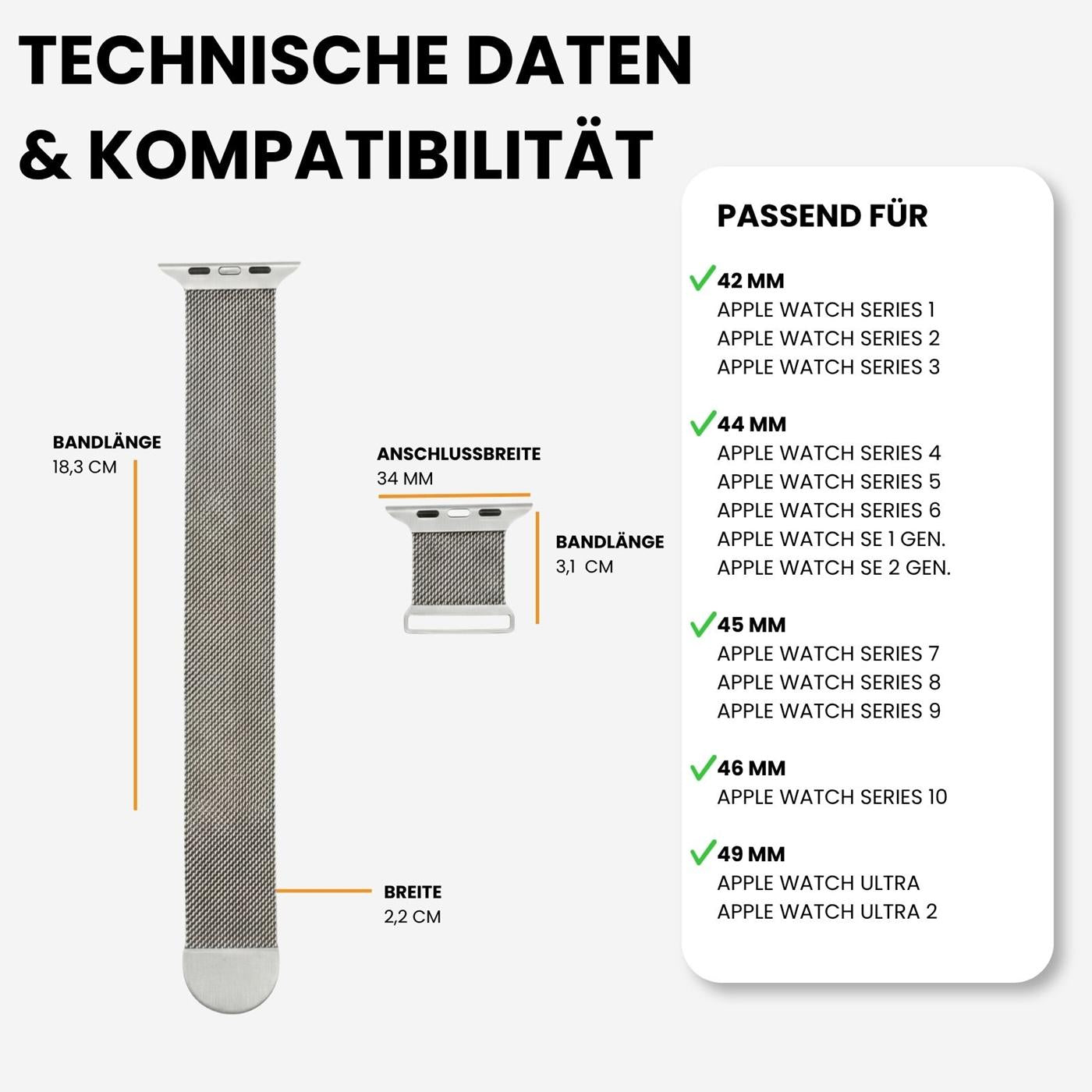 Silbernes Milanese-Armband aus Edelstahl für Apple Watch, Seitenansicht.