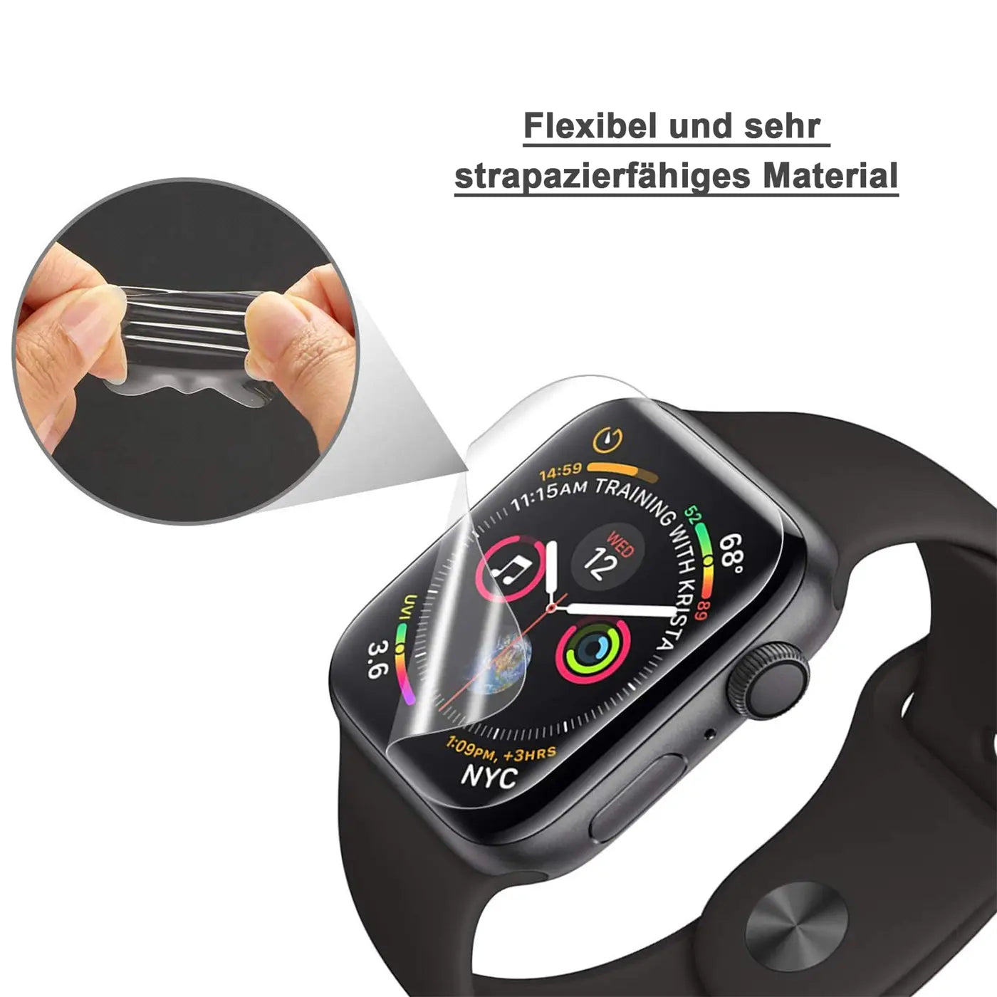 Transparente, flexible Schutzfolie auf schwarzer Apple Watch, schräg von oben. Inset: Hände dehnen Folie.