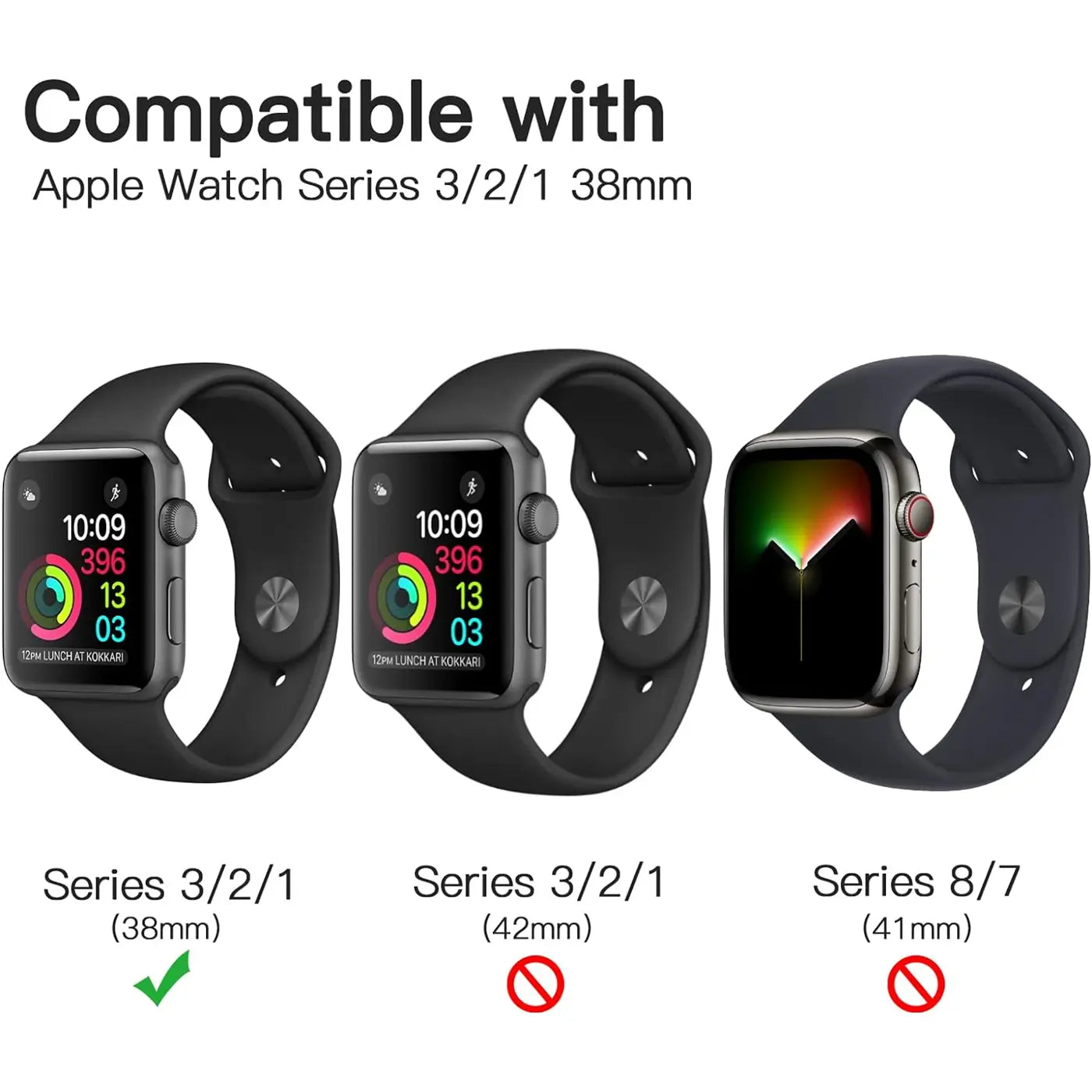 Drei Apple Watches (schwarz, dunkelblau) von schräg oben. Die linke ist eine 38mm Series 3/2/1.