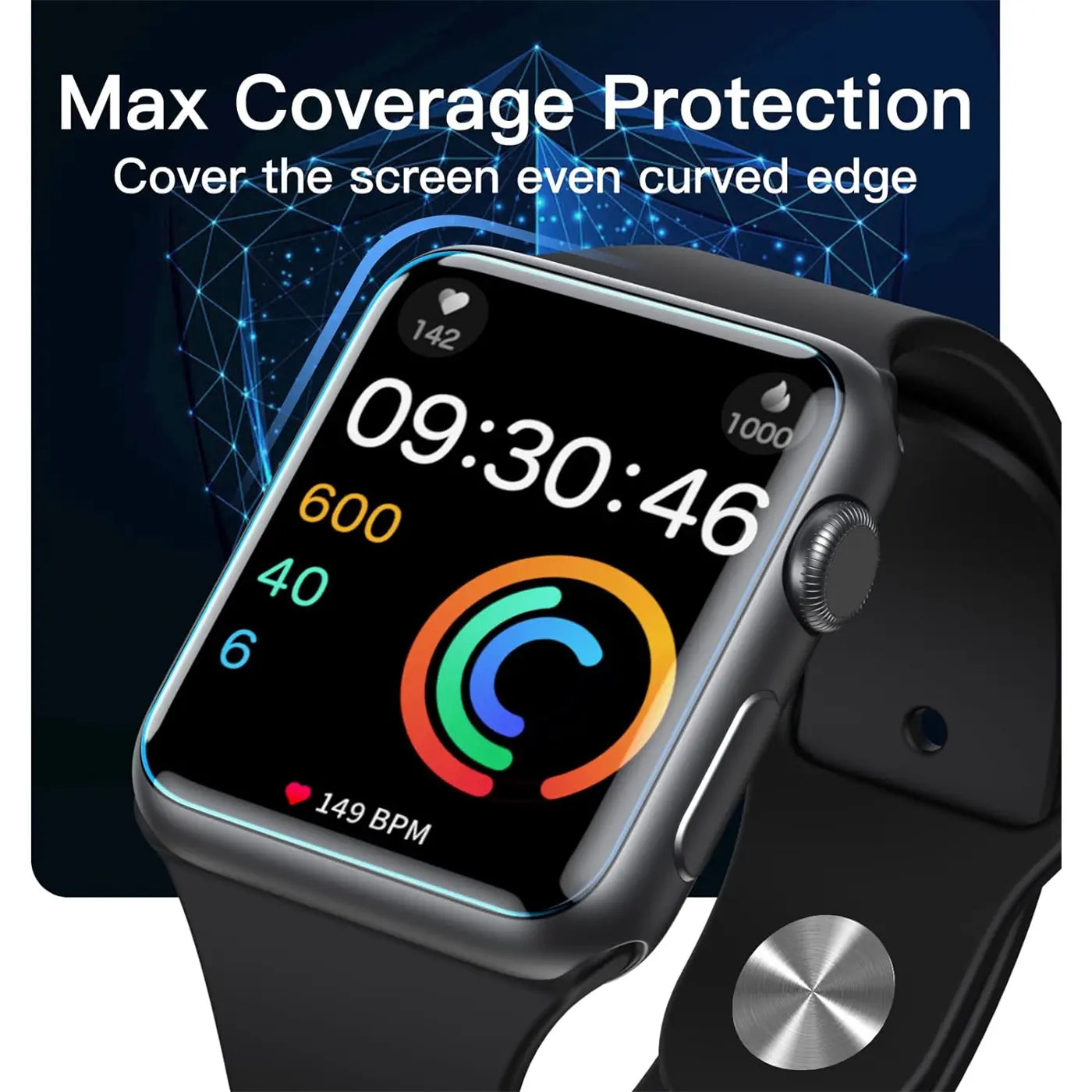 Nahaufnahme einer schwarzen Apple Watch mit aufgebrachter, transparenter Schutzfolie, schräg von oben.